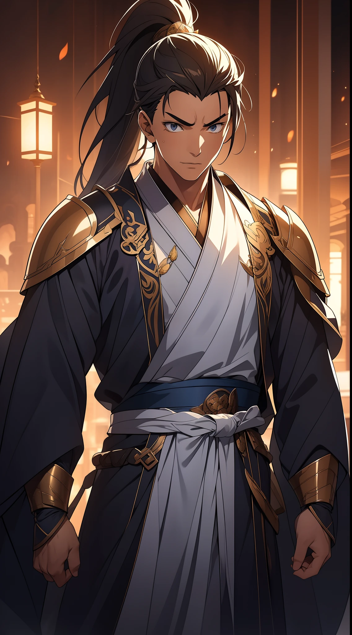 quadratic element,style of anime,mtu(Male Warrior),The proportions are correct,Face details,swordsmen,High ponytail hairstyle,Neck details,There is an Adam's apple,Blue suit,kaftan,long blue robes,clothes details,Handing over,longer sleeves,Game quality,Swordsmanship,Light and shadow tracking,Ray traching,detailed glow,cg render,hair detail,cabelos preto e longos,blue colored eyes,Handsome,Handsome,(juvenile sense),Clothing is complicated,Perfectcomposition,Refinement,high qulity,higher details,Lots of details,The background is complex,a sense of atmosphere,