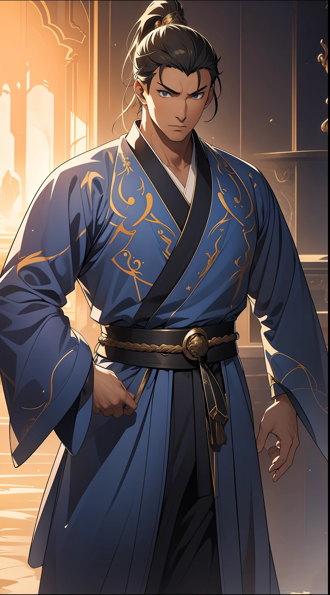 quadratic element,style of anime,mtu(Male Warrior),The proportions are correct,Face details,swordsmen,High ponytail hairstyle,Neck details,There is an Adam's apple,Blue suit,kaftan,long blue robes,clothes details,Handing over,longer sleeves,Game quality,Swordsmanship,Light and shadow tracking,Ray traching,detailed glow,cg render,hair detail,cabelos preto e longos,blue colored eyes,Handsome,Handsome,(juvenile sense),Clothing is complicated,Perfectcomposition,Refinement,high qulity,higher details,Lots of details,The background is complex,a sense of atmosphere,