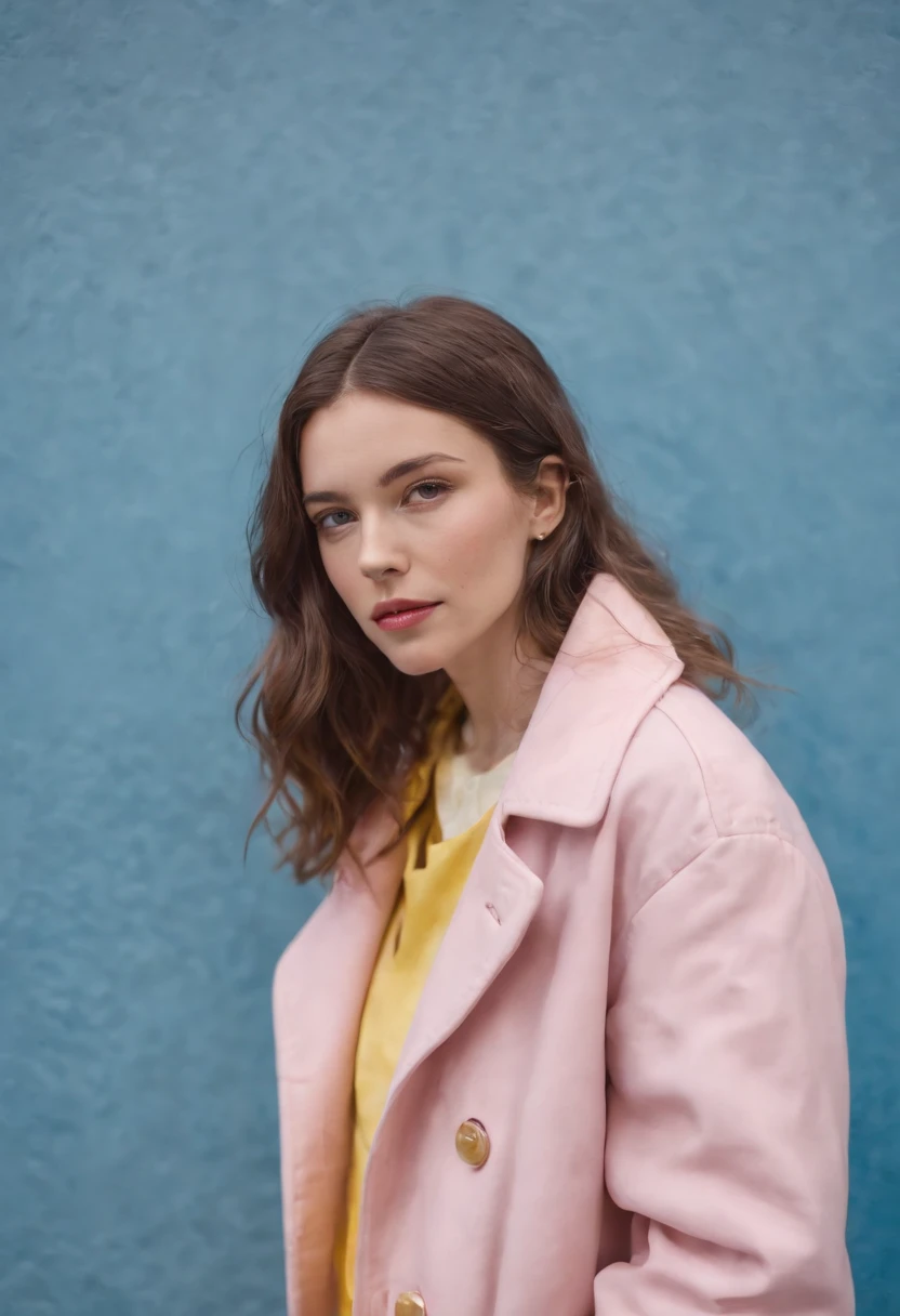 a young female wearing yellow and pink coats in front of blue wall, in the style of heatwave, transparent/translucent medium, contemporary vintage photography, lowbrow, poolcore, associated press photo, feminine body, (medium shot)