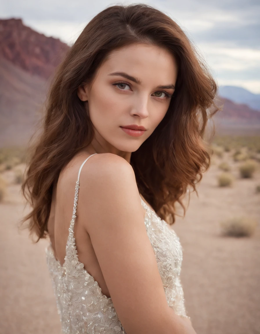 Death Valley National Park, a beautiful woman, anka zhuravleva, Nikon d850, gino severini, normcore style, photorealism technique, camera throw, ultra high definition image (upper body)