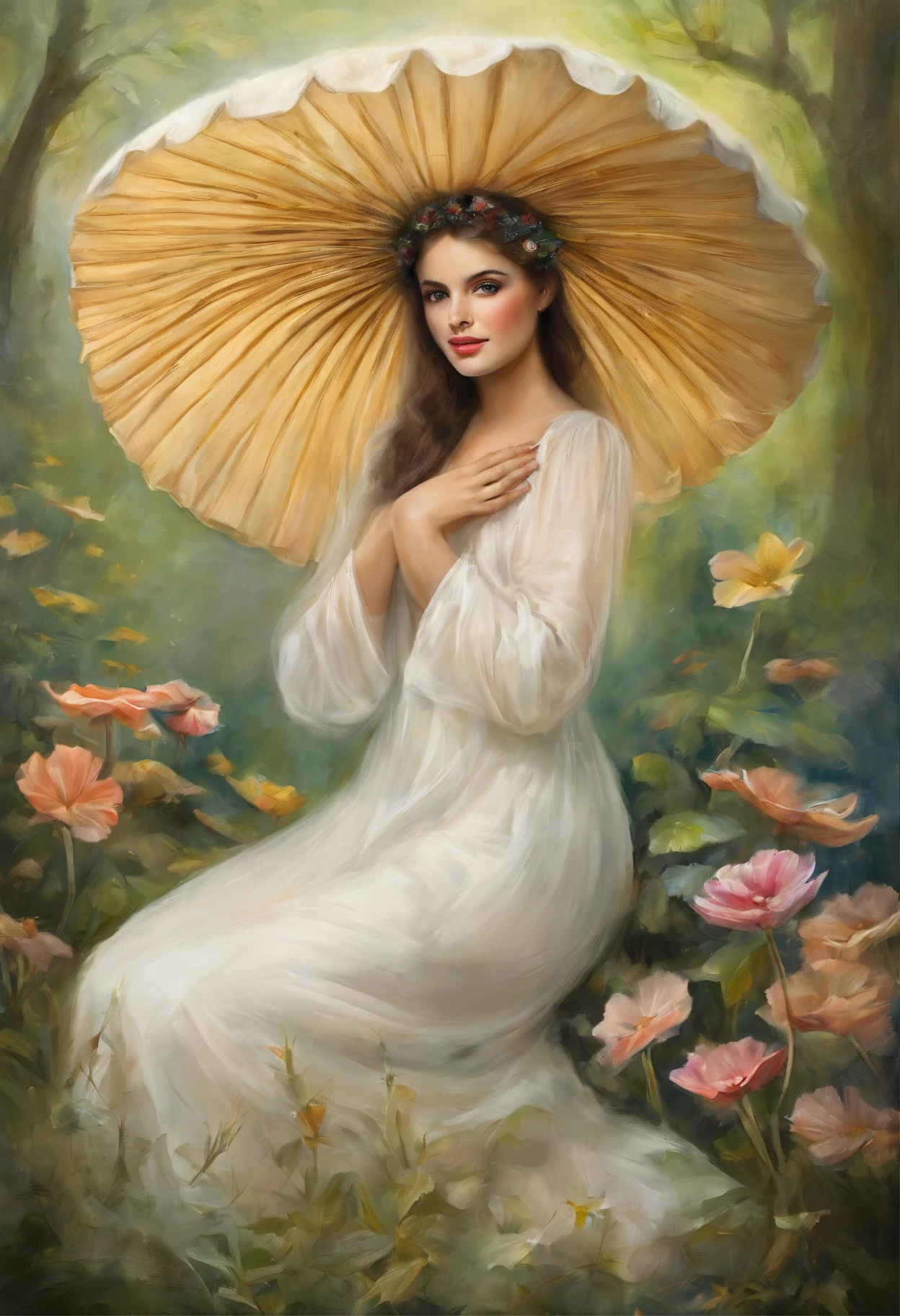 Masterpiece:1.4),, (Best quality:1.4),, Ultra-high RES,, 8K, CG,, (Extremely delicate and beautiful:1.2),,The upper part of the body,, 1girll,, Solo,, fashi-girl,, Thumbelina，Little princess，Blue taffeta court dress，Under huge mushrooms，forest backgrou ,Delicate depiction of facial features，almond eyes，Delicate eyeliner。long eyelasher，greene eyes，Black pupils，There is starlight in the eyes，Delicate lip detailing，Oil painting quality，Thick painting style