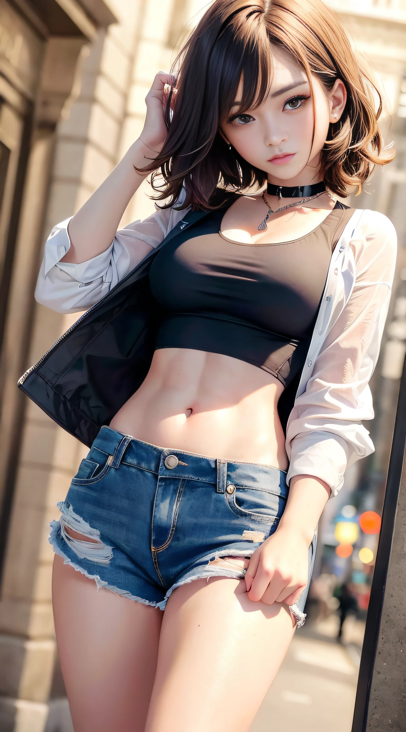 ((big breasts, tomboys, small heads)), daylight, sunlight, (contoured abs: 1.1), (perfect body: 1.1), (short wavy hair: 1.2), russet hair, collar, chain, full body photo, crowded streets, wearing black vest, denim jacket, ((shorts)), (extremely detailed CG 8k wallpaper), (extremely delicate and beautiful), (masterpiece), (Best Quality: 1.0), (Ultra Resolution: 1.0), Beautiful Lighting, Perfect Lightning, Realistic Shadows, [High Resolution], Detailed Skins, Ultra Detailed