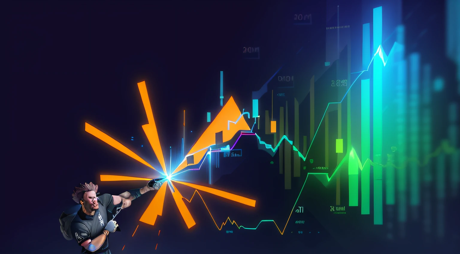 Image of a man holding a baseball bat in front of a chart, shockwaves are coming out, 🚀🚀🚀, explosion of data fragments, diagonal spell vfx, an epic majestical degen trader, hiper altista, 2 v spell d, genie, trending on markets, VFX particle simulation, displaying stock charts, motion graphic, 2030