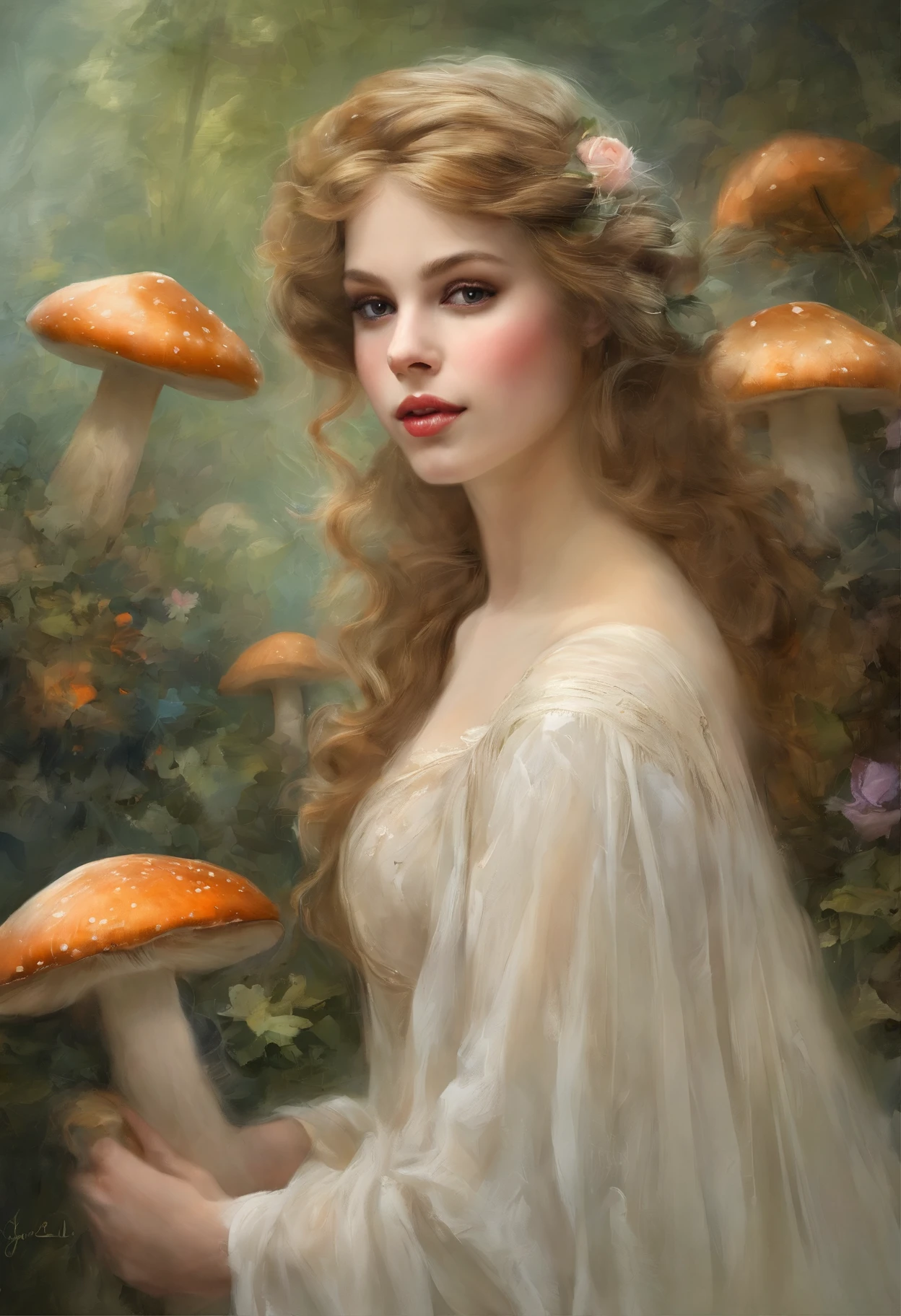 Masterpiece:1.4),, (Best quality:1.4),, Ultra-high RES,, 8K, CG,, (Extremely delicate and beautiful:1.2),,The upper part of the body,, 1girll,, Solo,, fashi-girl,, Thumbelina,Little princess,Blue taffeta court dress,Under huge mushrooms,forest backgrou ,Delicate depiction of facial features,almond eyes,Delicate eyeliner。long eyelasher,greene eyes,Black pupils,There is starlight in the eyes,Delicate lip detailing,Oil painting quality,Thick painting style