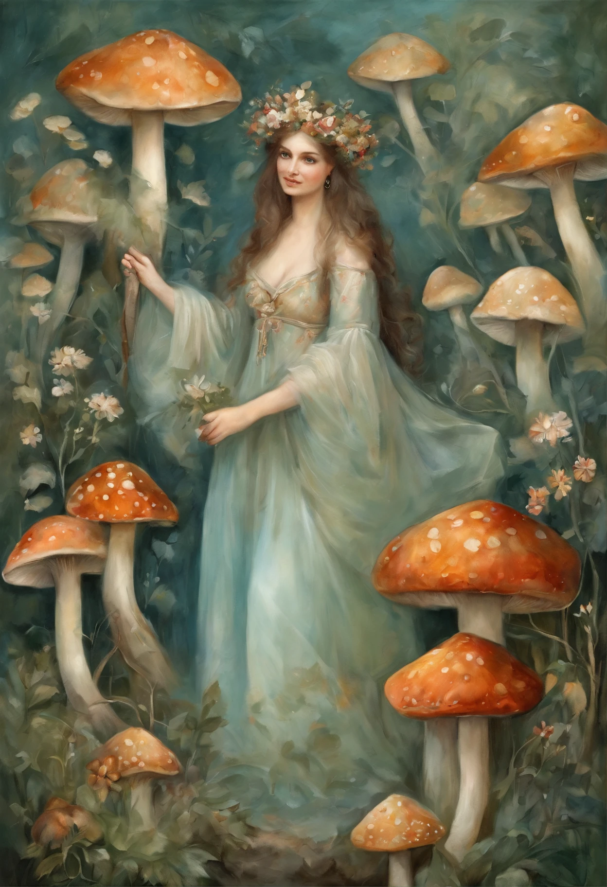 Masterpiece:1.4),, (Best quality:1.4),, Ultra-high RES,, 8K, CG,, (Extremely delicate and beautiful:1.2),,The upper part of the body,, 1girll,, Solo,, fashi-girl,, Thumbelina,Little princess,Blue taffeta court dress,Under huge mushrooms,forest backgrou ,Delicate depiction of facial features,almond eyes,Delicate eyeliner。long eyelasher,greene eyes,Black pupils,There is starlight in the eyes,Delicate lip detailing,Oil painting quality,Thick painting style