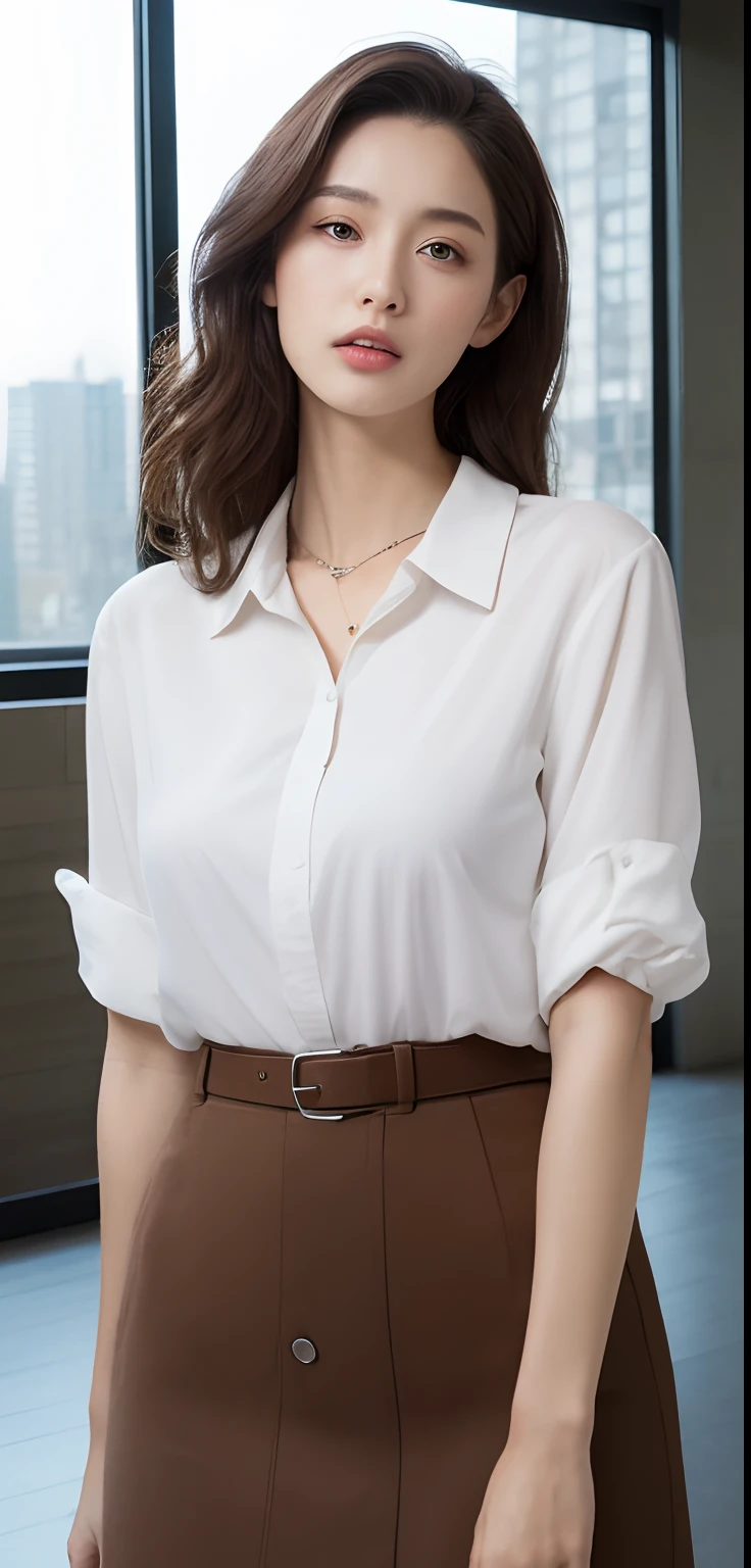 (Best quality, high resolution, masterpiece: 1.3), a tall and beautiful woman, slender abs, dark brown hair in loose wavy styling, large breasts, open furrows, wearing a pendant, white buttoned shirt, belt, black skirt, (modern architecture in the background), beautifully presented details in the facial and skin texture, detailed eyes, double eyelids, large breasts, open grooves, open umbilicus, kneeling,