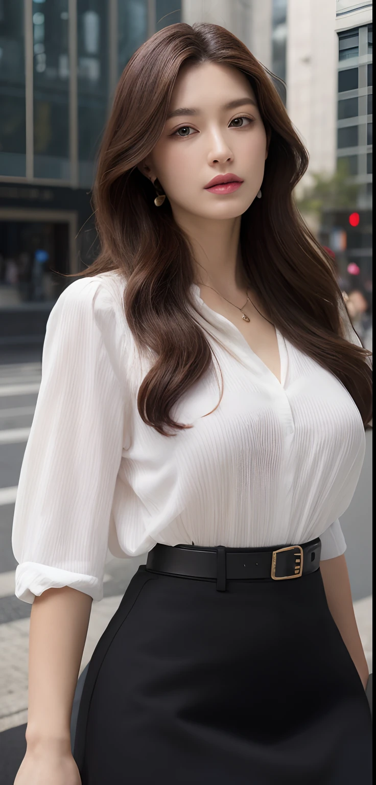 (Best quality, high resolution, masterpiece: 1.3), a tall and beautiful woman, slender abs, dark brown hair in loose wavy styling, large breasts, open furrows, wearing a pendant, white buttoned shirt, belt, black skirt, (modern architecture in the background), beautifully presented details in the facial and skin texture, detailed eyes, double eyelids, large breasts, open grooves, open umbilicus, kneeling,
