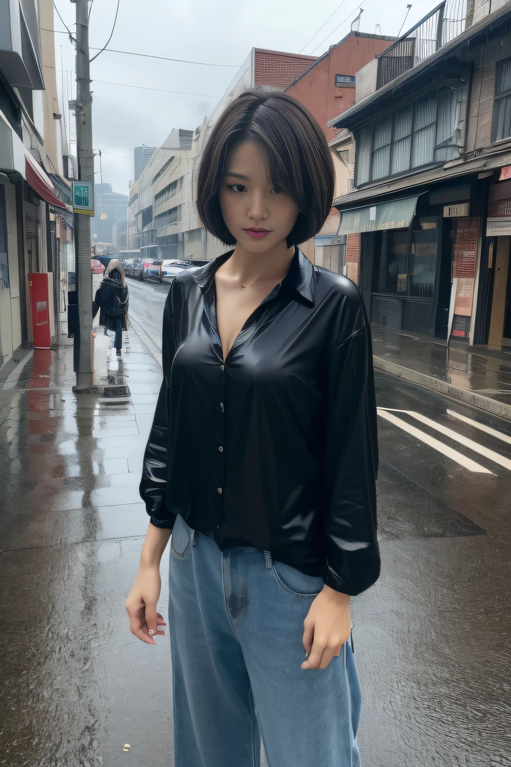 ((top-quality、8k、​masterpiece：1.3))、Crisp focus:1.2、Beautiful Women in Perfect Style:1.4、Slender Abs:1.2、((Short-cut hairstyles、Colossal tits:1.2))、(Wet clothes:1.2) 、(Sateen:1.10、Street:1.3)、Wet body:1.5、Highly detailed facial and skin texture、A detailed eye、二重まぶた,(Heavy downpour:1.10、thunderstorm、Cloudy sky、wet street surface),