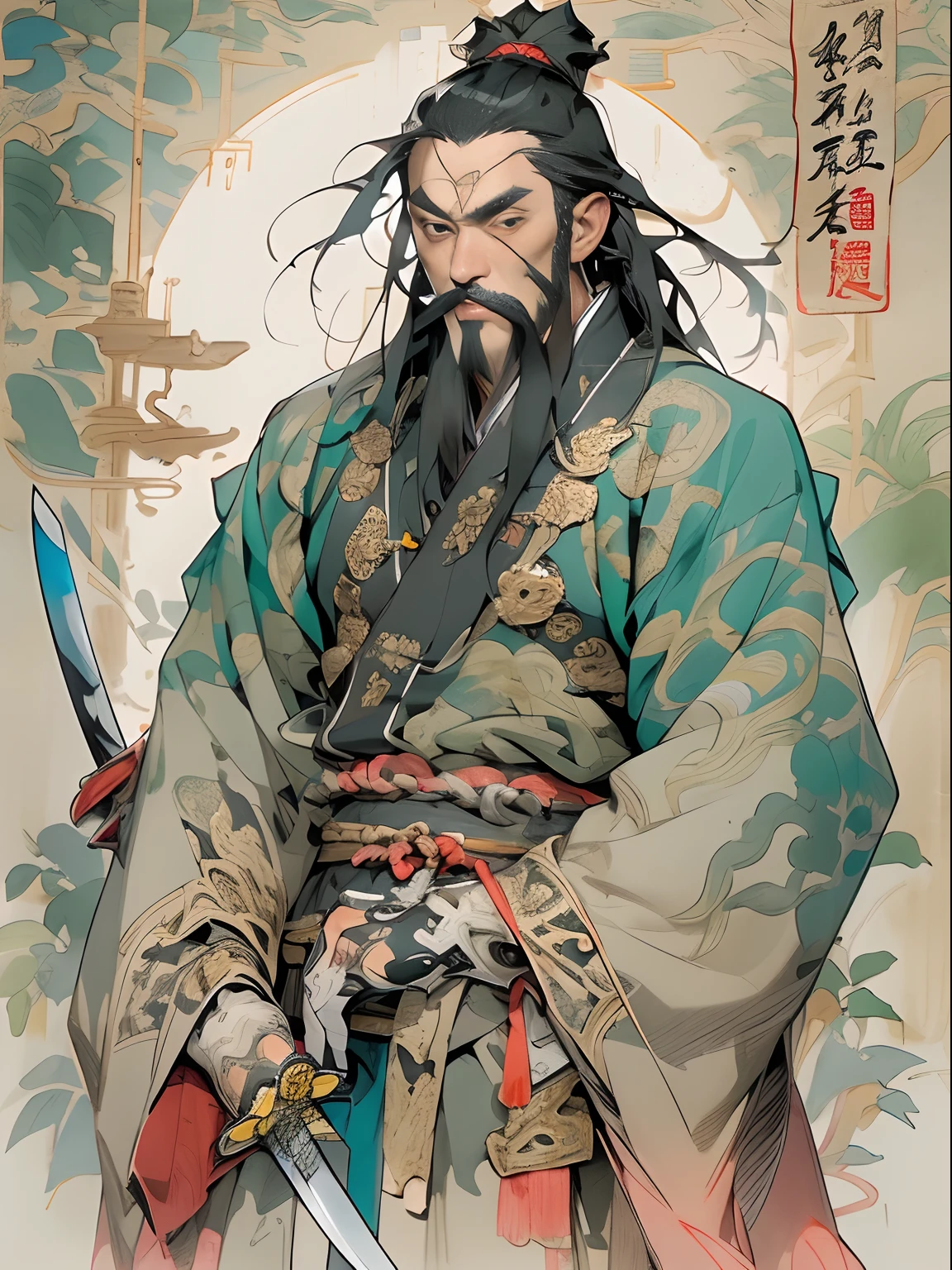 (((China-style,Ink painting method,Half-length portrait,Intense color,Han dynasty, China,Hanfu,Armor,Guan yu,Guan Yunchang,of a guy,Ruddy killing square face,Hold the Blue Dragon Moon Knife in his right hand,Stroke your beard with your left hand,Long hair,petty eyes,Green robe))), (((best qualityer))), (((tmasterpiece))), (((AS-Adult))), ((( Japanese ))), Look up from your knees, Handsome Asian samurai,perfect body figure, Modern samurai, ((( Asian))), Wear gloves on your hands,The left arm is made of steel and metal tips,Made of protective devices, The eyes are pulled, (( Appears below the chest )), (( Small dental floss )), Simon Bisley, Almost naked(Simon Bisley)Castle City Wilderness,For high-resolution posters, hair straight, Minimum clothing, armure (Crazy clothes ), Full of tips and rivets, tribal tattoos, (((full bodyesbian))), Straight brunette hair,Colored hair ends