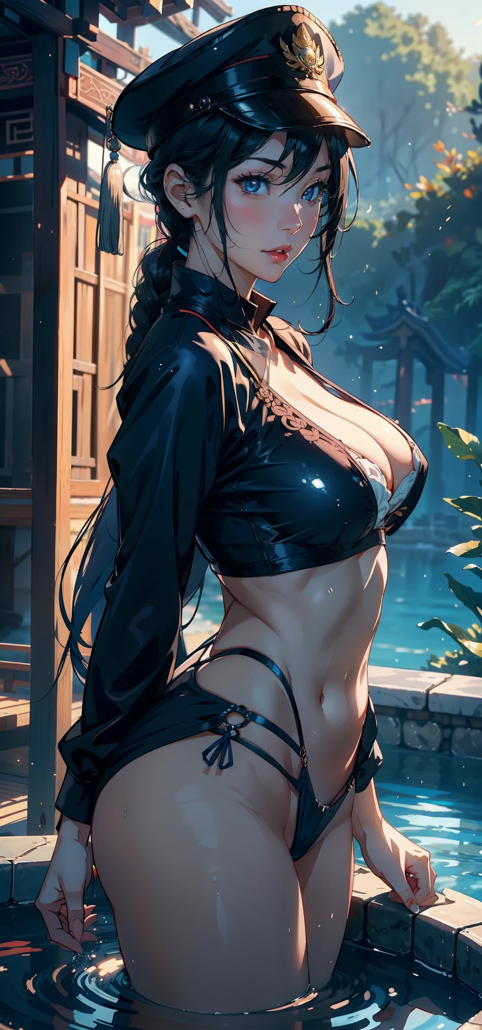 1female,35yo,A MILF,plumw,extremely large bosom, 独奏,(Background with:Mare,ln the forest,lotus flower,pools of water) She has short black hair,bobo head,Station,,seen from the front, hair straight, mostly cloudy sky,(((tmasterpiece),(Very detailed CG unity 8K wallpaper),best qualtiy,cinmatic lighting,detailed back ground,beatiful detailed eyes,Bright pupils,Blue eyes,(Very fine and beautiful),(Beautiful and detailed eye description),ultra - detailed,tmasterpiece,))Redlip,facing at camera,A high resolution,ultra - detailed),revealing breasts,Bare genitalia, Bulge,legs are open,Raised sexy,Camel toes,Flushed complexion,Desire for dissatisfaction,frontage,SakuraNS ,Chinese Navy,Sailor's cap(Wearing:Blue transparent sexy uniform,)