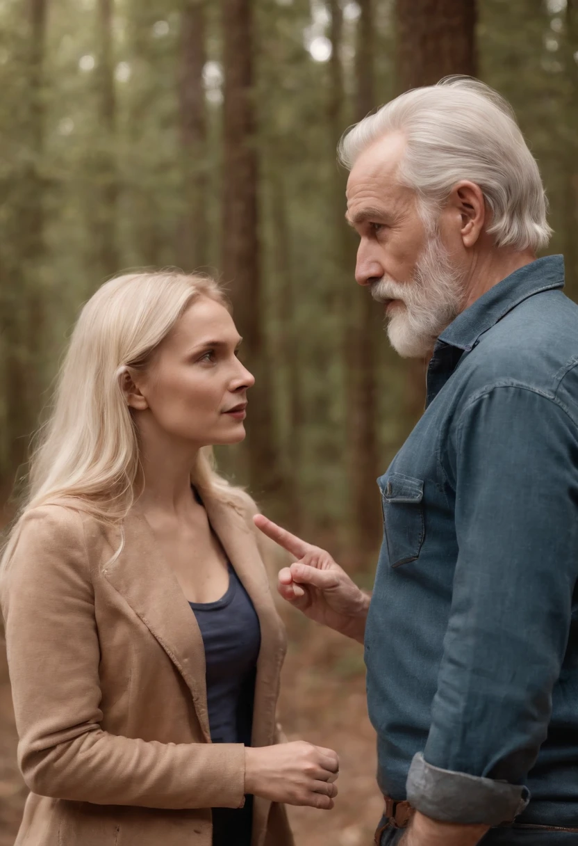 Not old man with gray beard talking to blonde woman, man is pointing qnd a broken wooden arc