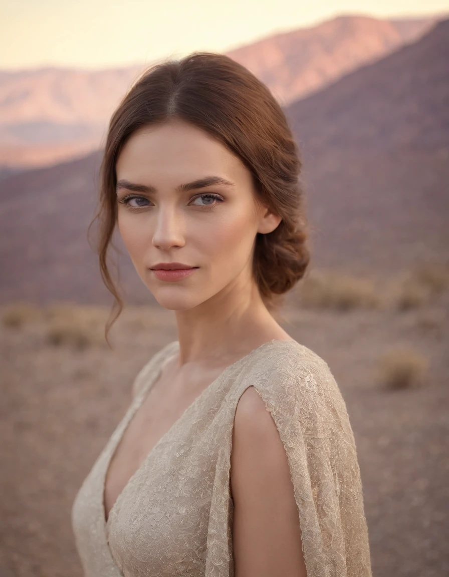 Death Valley National Park, a beautiful woman, anka zhuravleva, Nikon d850, gino severini, normcore style, photorealism technique, camera throw, ultra high definition image (upper body)