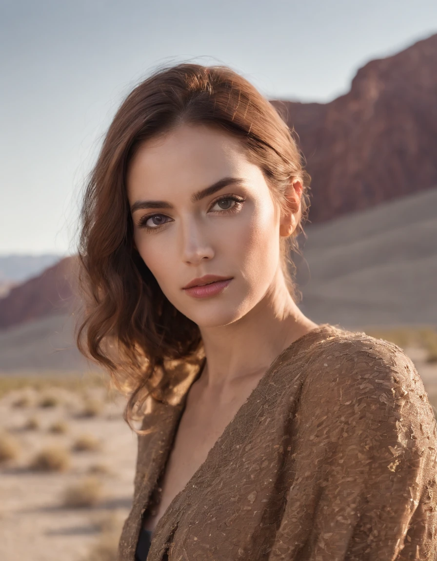 Death Valley National Park, a beautiful woman, anka zhuravleva, Nikon d850, gino severini, normcore style, photorealism technique, camera throw, ultra high definition image (upper body)