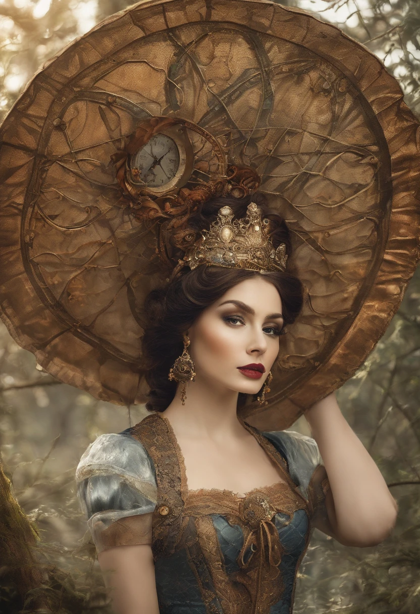 Masterpiece:1.4),, (Best quality:1.4),, Ultra-high RES,, 8K, CG,, (Extremely delicate and beautiful:1.2),,The upper part of the body,, 1girll,, Solo,, fashi-girl,, Thumbelina,Little princess,Blue taffeta court dress,Under huge mushrooms,forest backgrou ,Delicate depiction of facial features,almond eyes,Delicate eyeliner。long eyelasher,greene eyes,Black pupils,There is starlight in the eyes,Delicate lip detailing,Oil painting quality,Thick painting style