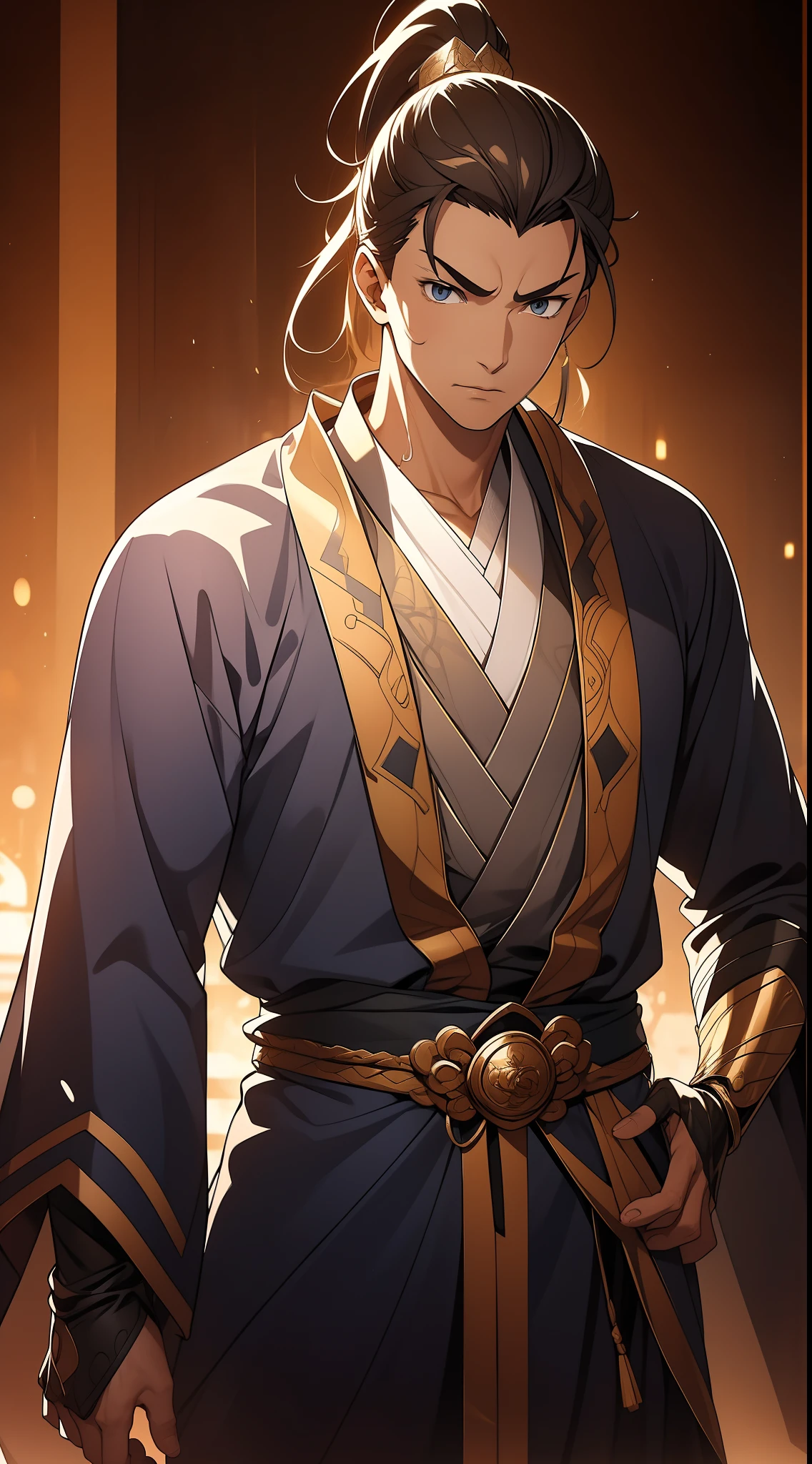 quadratic element,style of anime,mtu(Male Warrior),The proportions are correct,Face details,swordsmen,High ponytail hairstyle,Neck details,There is an Adam's apple,Yellow suit,kaftan,yellow robes,clothes details,Handing over,longer sleeves,Game quality,Swordsmanship,Light and shadow tracking,Ray traching,detailed glow,cg render,hair detail,cabelos preto e longos,blue colored eyes,Handsome,Handsome,(juvenile sense),Clothing is complicated,Perfectcomposition,Refinement,high qulity,higher details,Lots of details,The background is complex,a sense of atmosphere,