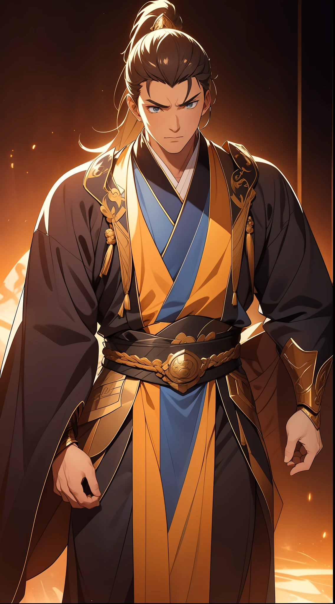 quadratic element，style of anime，mtu（Male Warrior），The proportions are correct，Face details，swordsmen，High ponytail hairstyle，Neck details，There is an Adam's apple，Yellow suit，kaftan，yellow robes，clothes details，Handing over，longer sleeves，Game quality，Swordsmanship，Light and shadow tracking，Ray traching，detailed glow，cg render，hair detail，cabelos preto e longos，blue colored eyes，Handsome，Handsome，（juvenile sense），Clothing is complicated，Perfectcomposition，Refinement，high qulity，higher details，Lots of details，The background is complex，a sense of atmosphere，