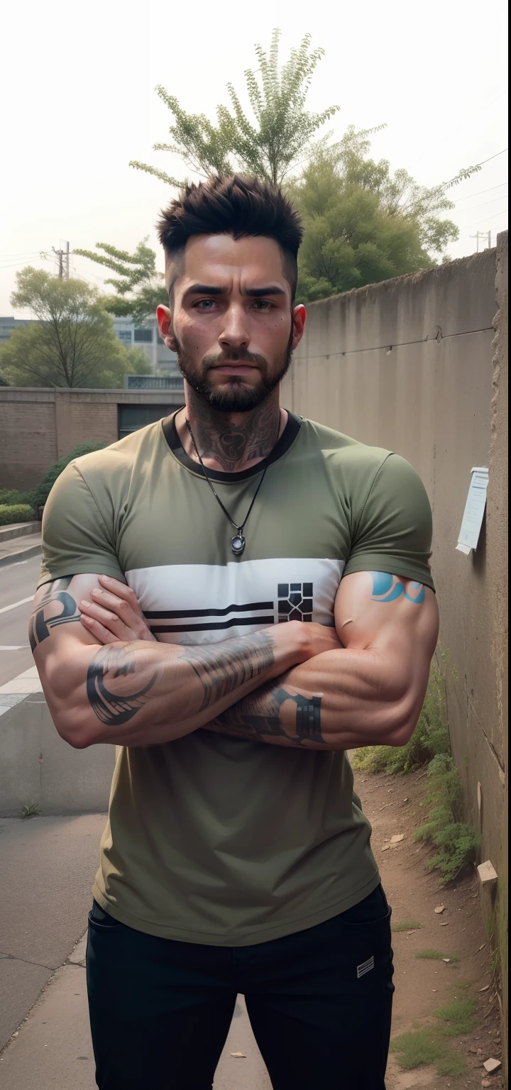 cyberpunk,smartboy,lighting realistic background,8k,u4,there is a man standing with his arms crossed in front of a wall, arms crossed, arms crossed on chest, (38 years old), 4 0 years old man, 2 , 2 9 years olded, arms covered in gang tattoo, posing with crossed arms, 2 8 years old, 3 2 yearstile forearms f