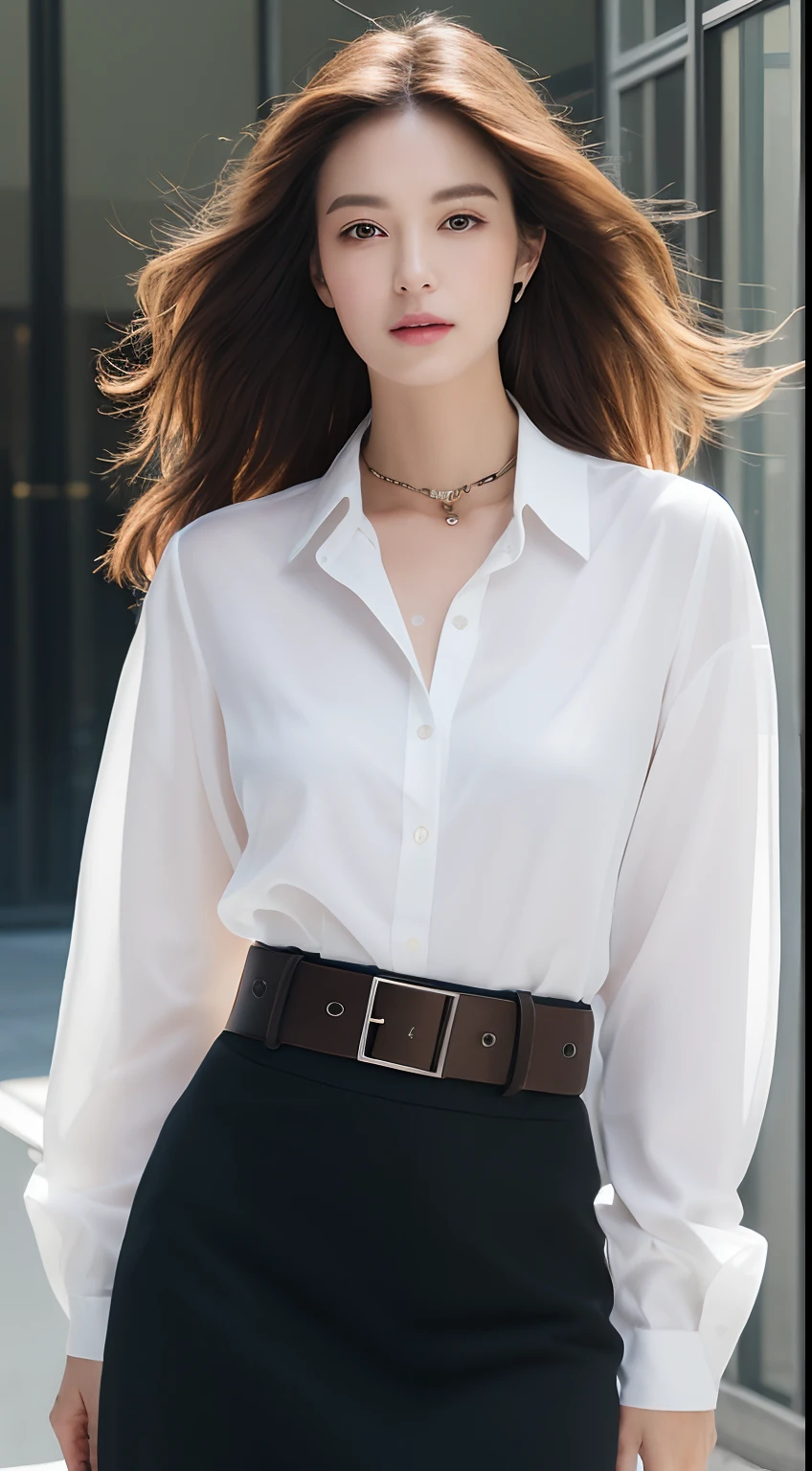 (Best quality, High resolution, Masterpiece :1.3), A tall and pretty woman, Slender abs, Dark brown hair styled in loose waves, Breasts, Wearing pendant, White button up shirt, Belt, Black skirt, (Modern architecture in background), Details exquisitely rendered in the face and skin texture, Detailed eyes, Double eyelid