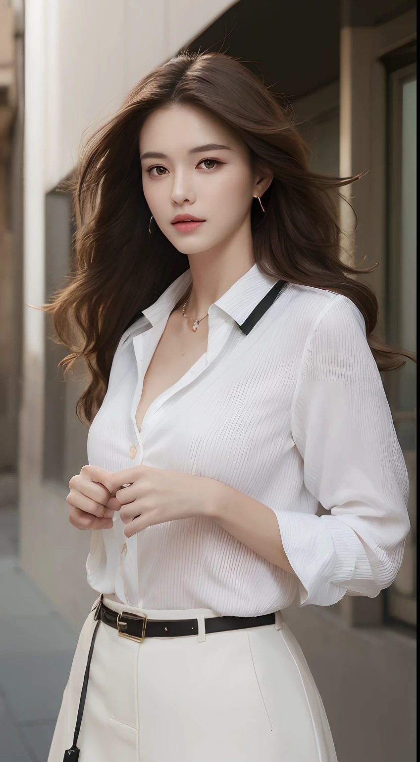 (Best quality, High resolution, Masterpiece :1.3), A tall and pretty woman, Slender abs, Dark brown hair styled in loose waves, Breasts, Wearing pendant, White button up shirt, Belt, Black skirt, (Modern architecture in background), Details exquisitely rendered in the face and skin texture, Detailed eyes, Double eyelid