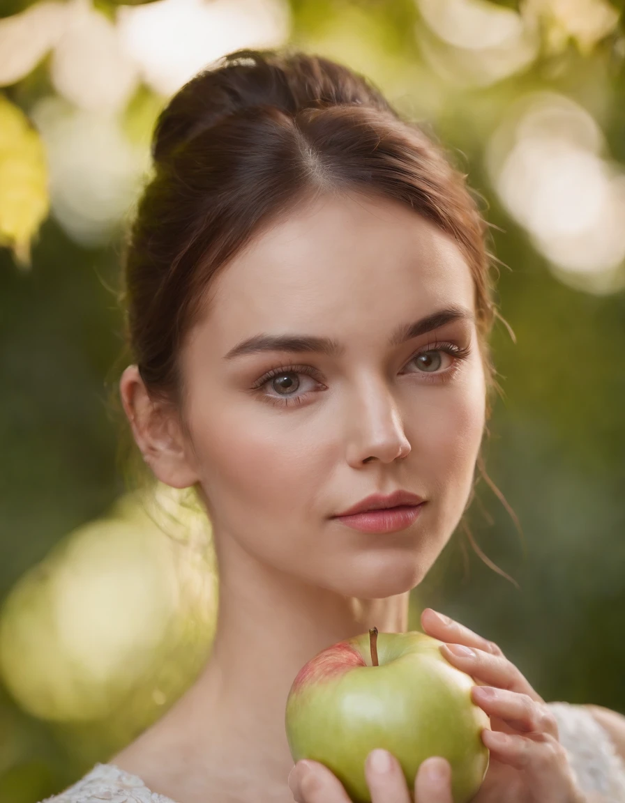A woman smells an apple on her cheek, unicorn core style, readymade object, ue5, modern photography, exotic, natural minimalism, ultra high definition image, (upper body)