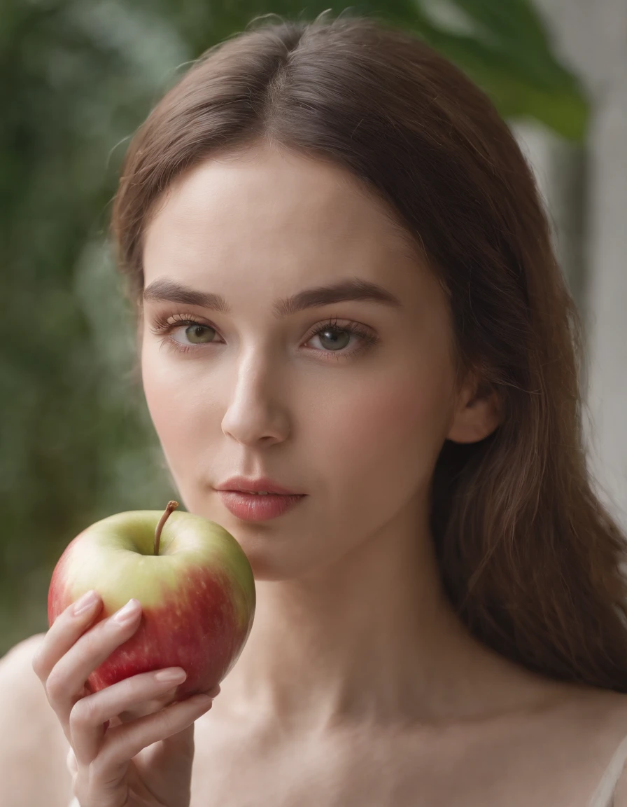 A woman smells an apple on her cheek, unicorn core style, readymade object, ue5, modern photography, exotic, natural minimalism, ultra high definition image, (upper body)