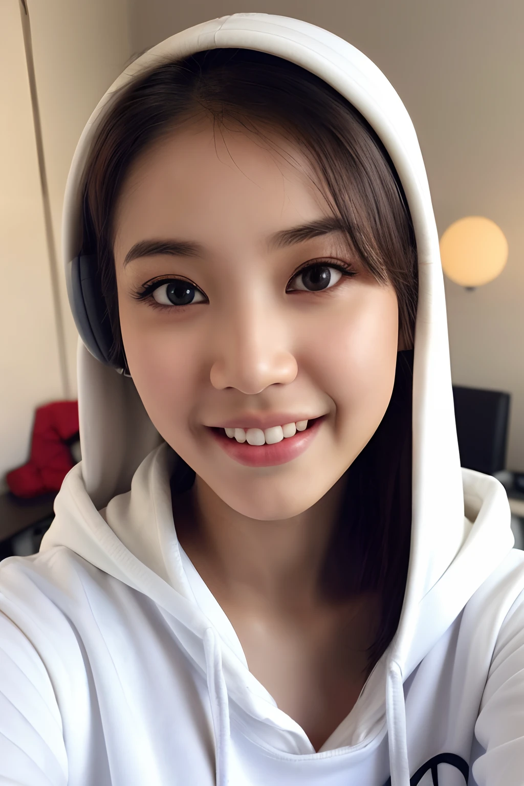 photorealistic, best quality, hyper detailed, beautiful woman asian age 22 name nurul eye broown, selfie photo, upper body big breast, solo,contact lense,tshirt plain white hoodie, sitting at a chair with a desk, indoors, (evening), in podcaster room with mic ,white big gamer headphone (cheerful, happy,confident,rich,calm), looking at viewer, skin texture, film grain, close up, ultra high res, best shadow, instagram Nurul