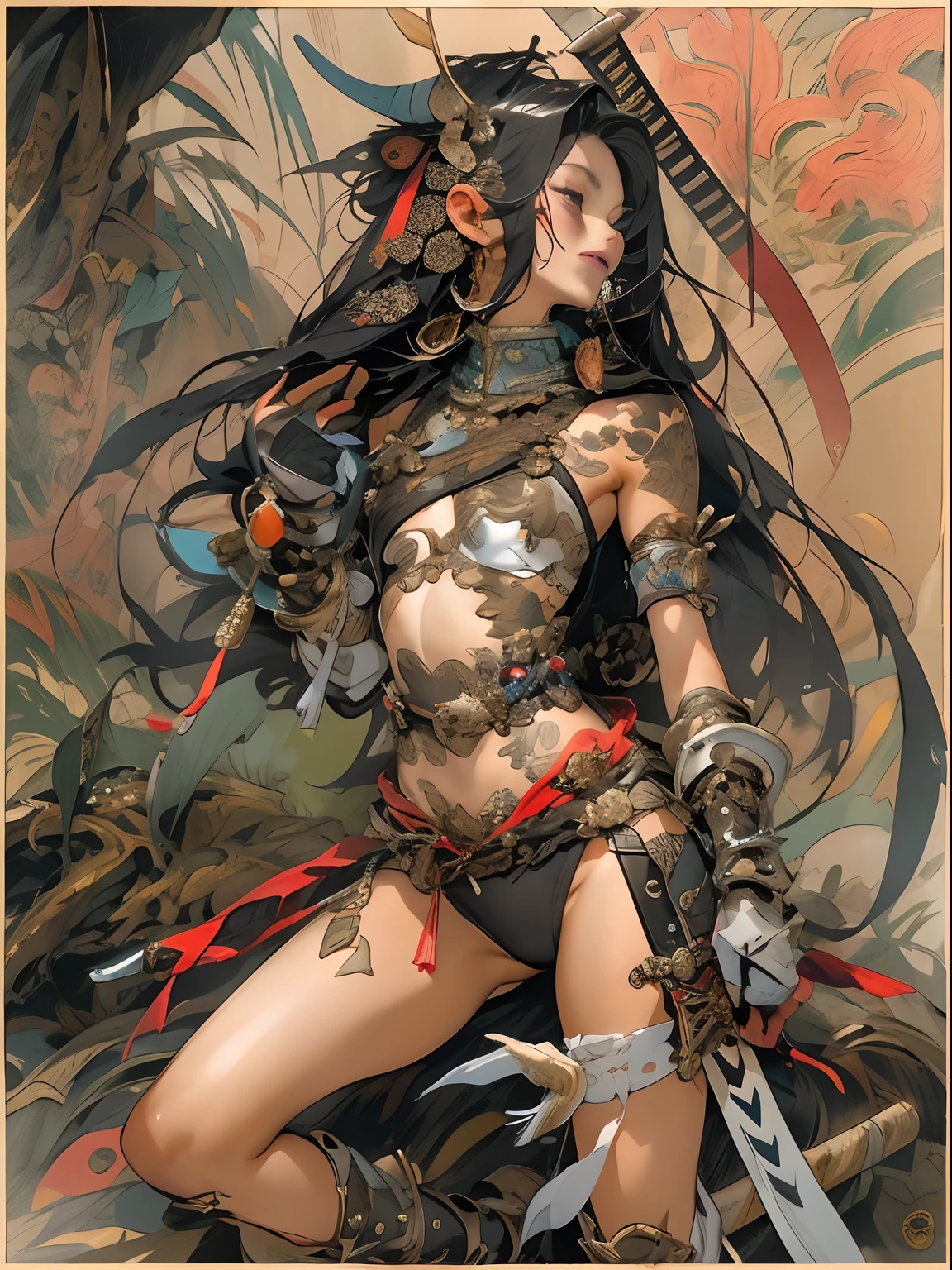 (((woman))), (((best qualityer))), (((tmasterpiece))), (((AS-Adult))), ((( Japanese ))), Look up from your knees, A beautiful asian samurai woman with perfect body, Modern samurai, ((( Asian))), Wear gloves on your hands,The left arm is made of steel and metal tips,Made of protective devices, The eyes are pulled, (( Appears below the breast )), (( Small dental floss )), Simon Bisley, Almost naked(Simon Bisley)Castle City Wilderness,For high-resolution posters, hair straight, Minimum clothing, armure (Crazy clothes ), Full of tips and rivets, tribal tattoos, (((full bodyesbian))), Straight brunette hair,Colored hair ends