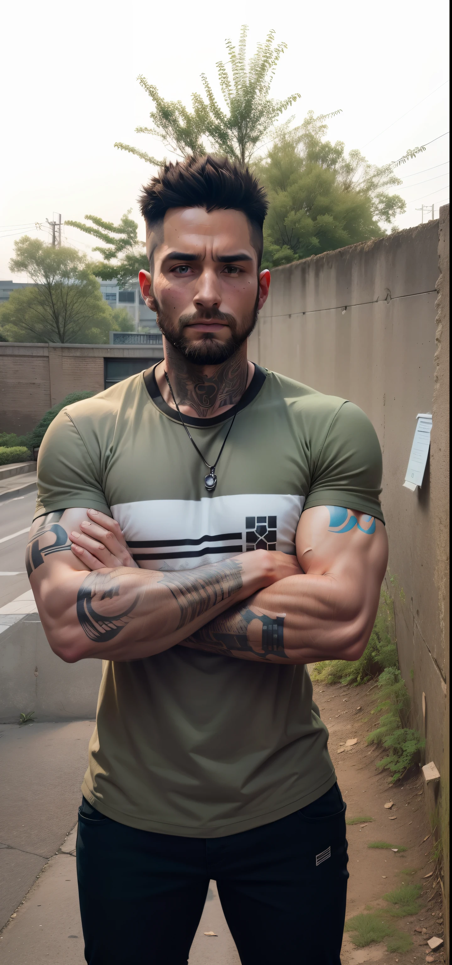 cyberpunk,smartboy,lighting realistic background,8k,u4,there is a man standing with his arms crossed in front of a wall, arms crossed, arms crossed on chest, (38 years old), 4 0 years old man, 2 7 years old, 2 9 years old, arms folded, arms covered in gang tattoo, posing with crossed arms, 2 8 years old, 3 2 years old, insectile forearms folded