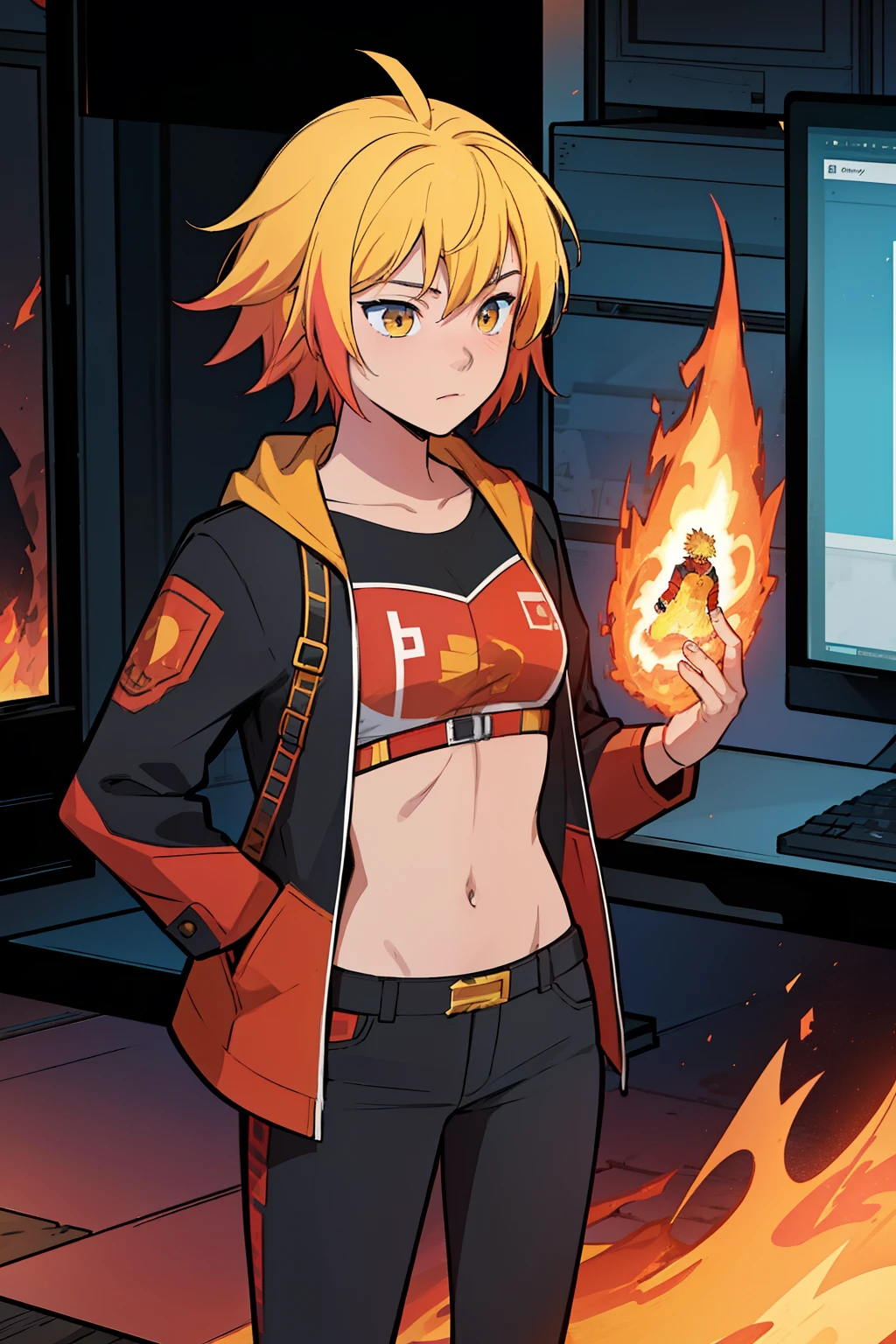 solo, 1girl, (masterpiece), ((16 year old appearance)), fire hair, Medium hair, ahoje, spiky hair, small breasts, yellow eyes, red croped, Black pants, black jacket, Fireball, Looking at the screen,