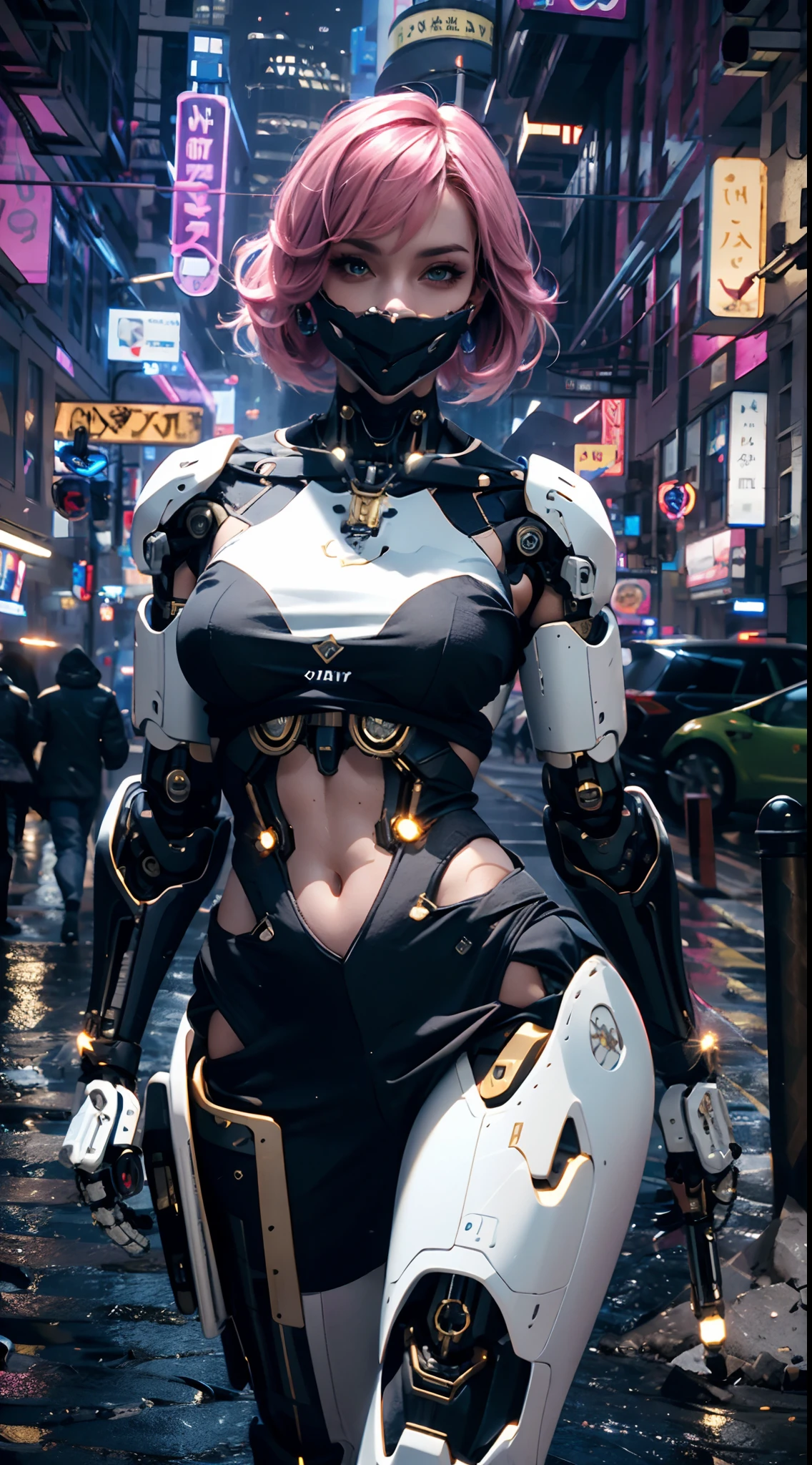 A hyperrealistic photograph of Japanese female android made of transparent glass in crowded street, white and silver plastic, geisha makeup and hairstyle, silver metal internal mechanisms, (((dynamic pose))), walking pose, flowing organic construction, detailed designs, glowing colorful circuitry, colorful neon trim, cinematic lighting, rim lighting, f/2.8, art by H.R. Giger, Greg Rutowski