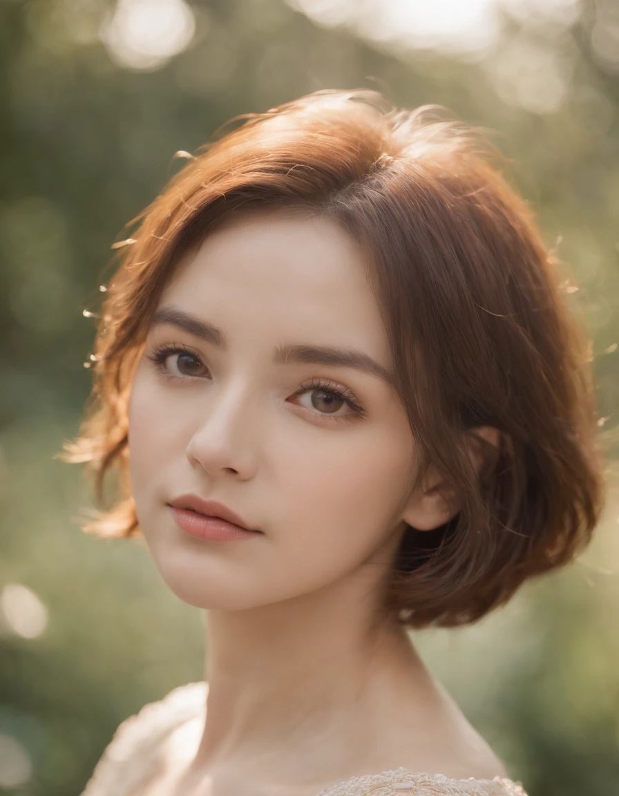 a lady with short hair is in natural sunlight., in the style of eye-catching resin jewelry, tokina at-x 11-16mm f/2.8 pro dx ii, light beige and orange, yigal ozeri, edogawa ranpo, dotted, pensive stillness  ,(close-up)