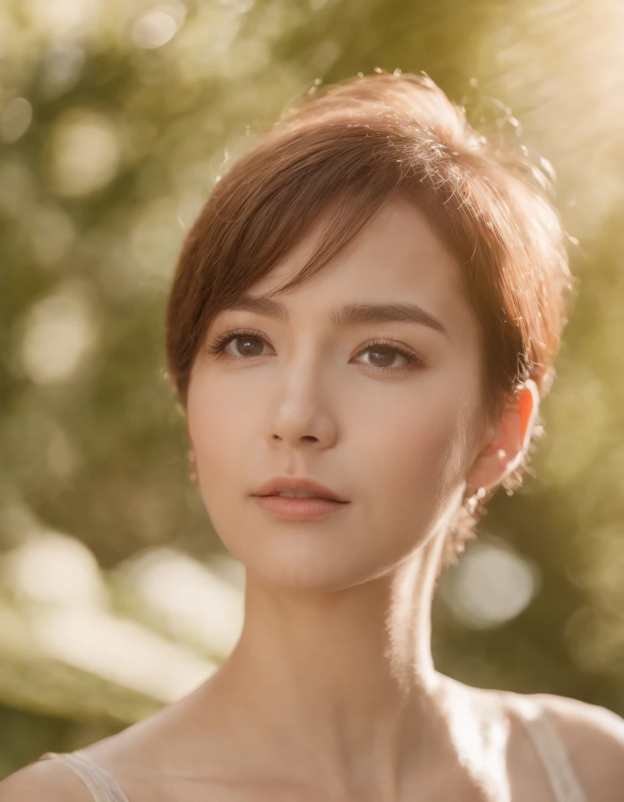 a lady with short hair is in natural sunlight., in the style of eye-catching resin jewelry, tokina at-x 11-16mm f/2.8 pro dx ii, light beige and orange, yigal ozeri, edogawa ranpo, dotted, pensive stillness  ,(close-up)