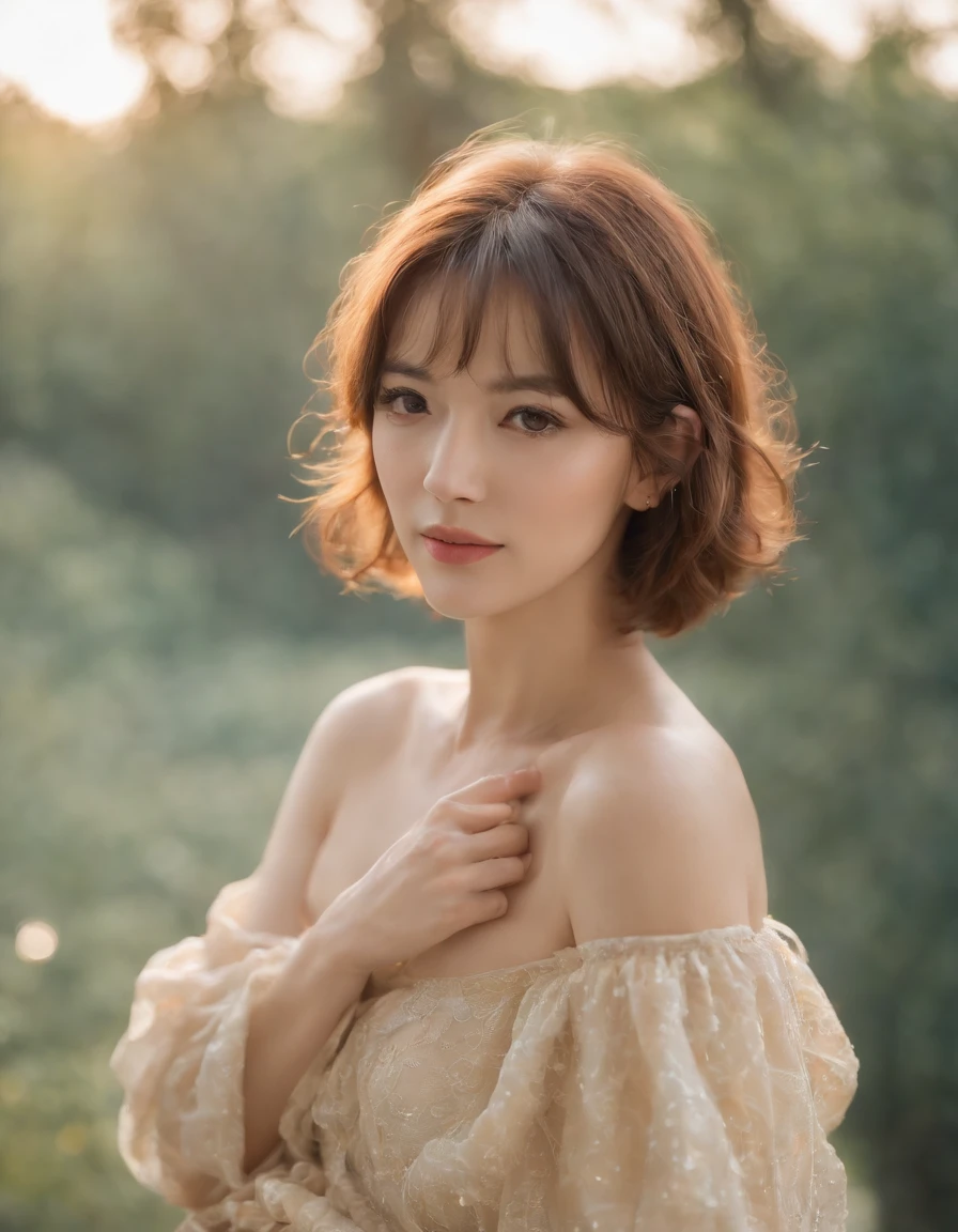 a lady with short hair is in natural sunlight., in the style of eye-catching resin jewelry, tokina at-x 11-16mm f/2.8 pro dx ii, light beige and orange, yigal ozeri, edogawa ranpo, dotted, pensive stillness ,(close-up)