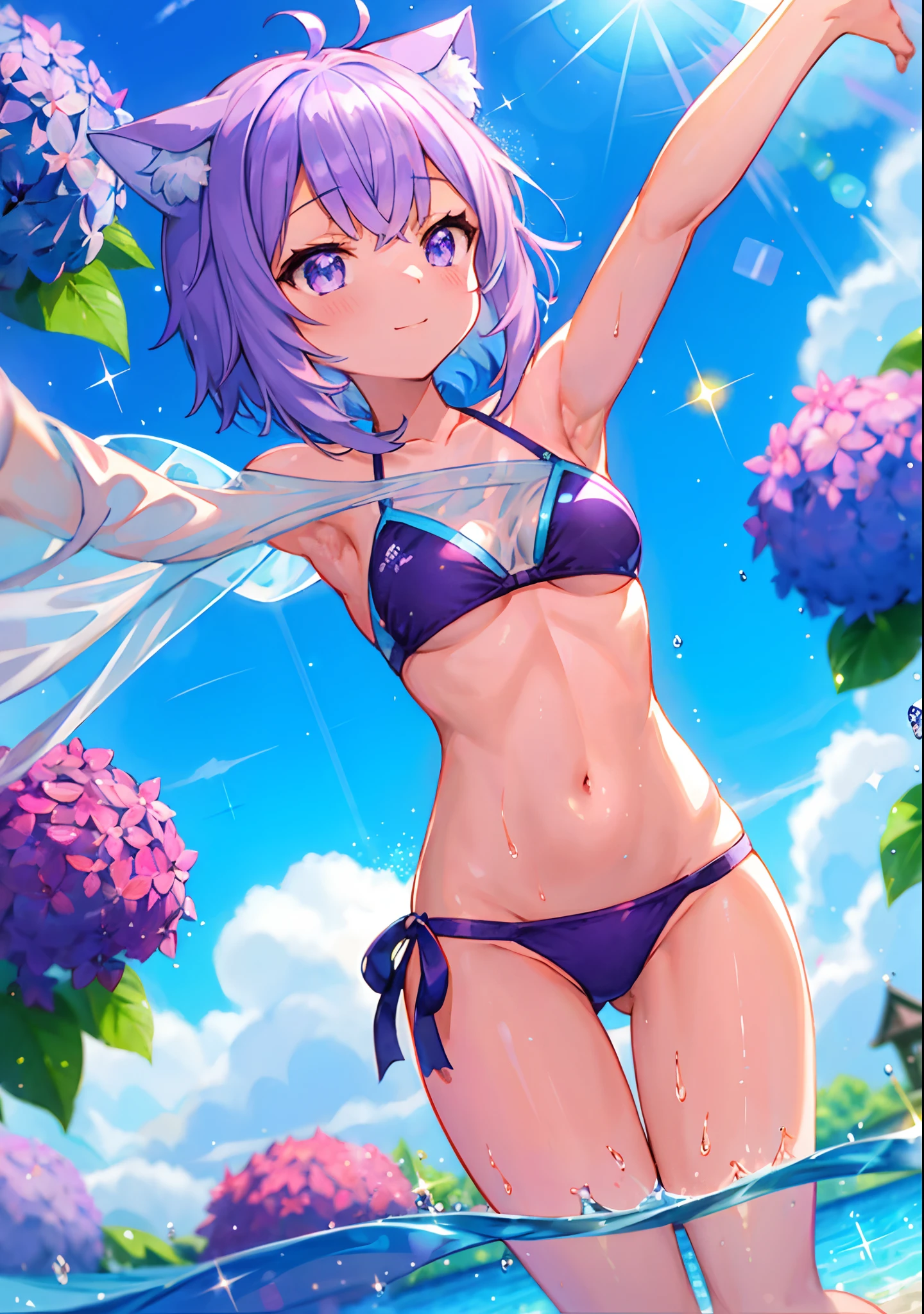 (solo), cute (1girl) walking,path,[from below:1.2],sine short hair, puddle,Water Reflection,rain,floating water drop,hydrangea,(blurry foreground),dynamic angle,asphalt,(blue sky),lens flare, (glitter:1.2) presenting armpit, nekomata okayu, off-shoulder bikini, off-shoulder bikini, purple bikini