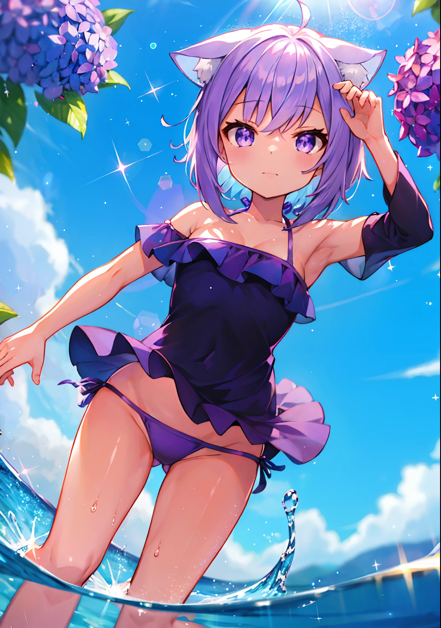 (solo), cute (1girl) walking,path,[from below:1.2],sine short hair, puddle,Water Reflection,rain,floating water drop,hydrangea,(blurry foreground),dynamic angle,asphalt,(blue sky),lens flare, (glitter:1.2) presenting armpit, nekomata okayu, off-shoulder bikini, off-shoulder bikini, purple bikini