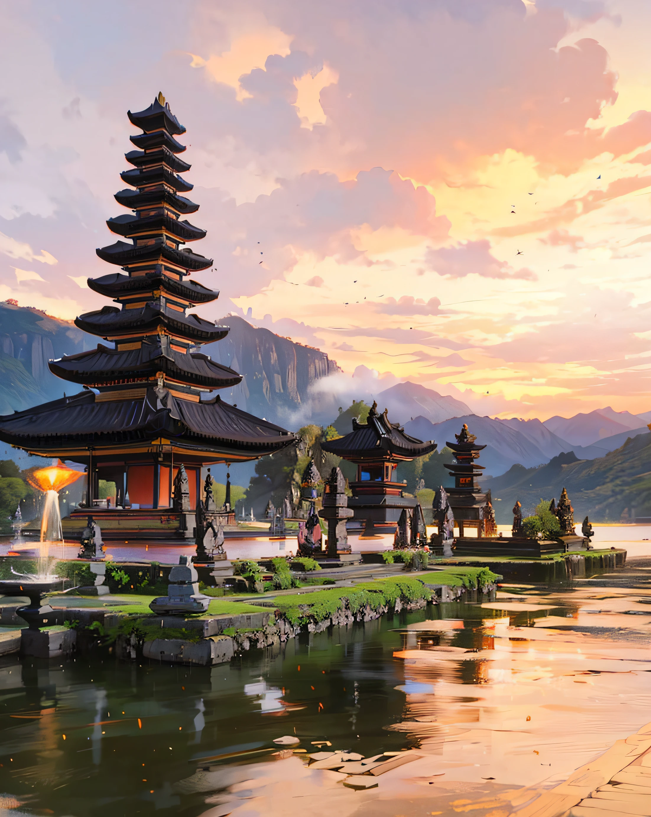 ((Best Quality, 8K, Masterpiece: 1.3)), a view of a temple on a lake with a mountain in the background, indonesia, bali, indonesia national geographic, ancient indonesia, large temples, water temple, travel, mystical setting, mysterious temple setting, paradise in the background, a mystical temple, beautiful image, jakarta, during sunset, temple background, taken in 2 0 2 0, temple, beautiful place, a temple