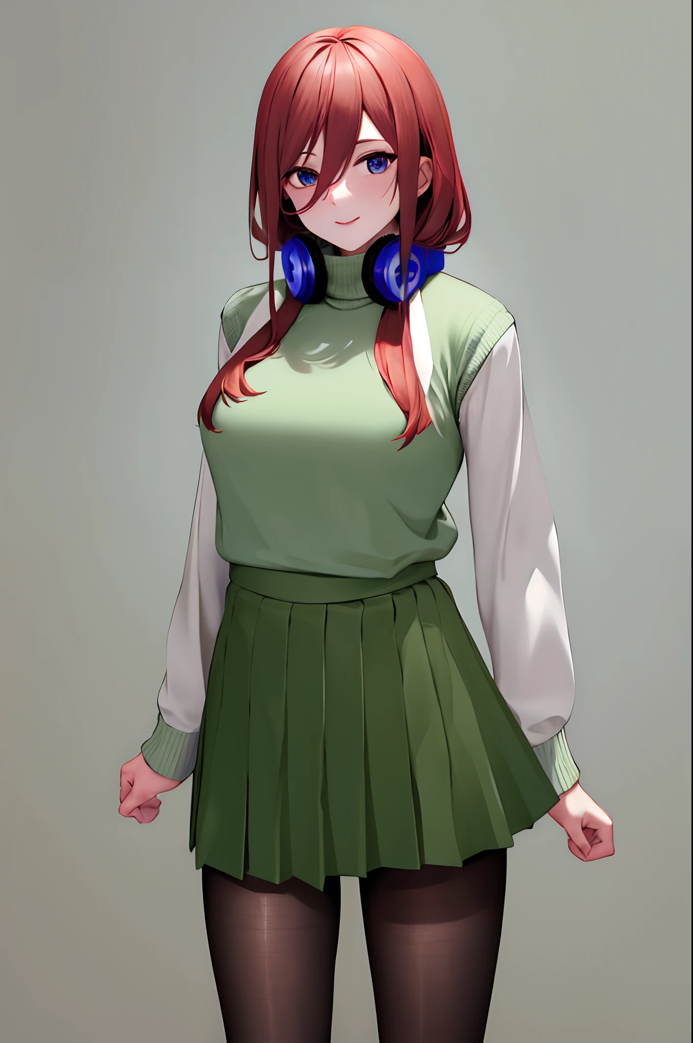 masterpiece, best quality, highres, nm1, headphones around neck, long sleeves, green skirt, pantyhose, turtleneck sweater, sweater dress, sleeveless,standing,