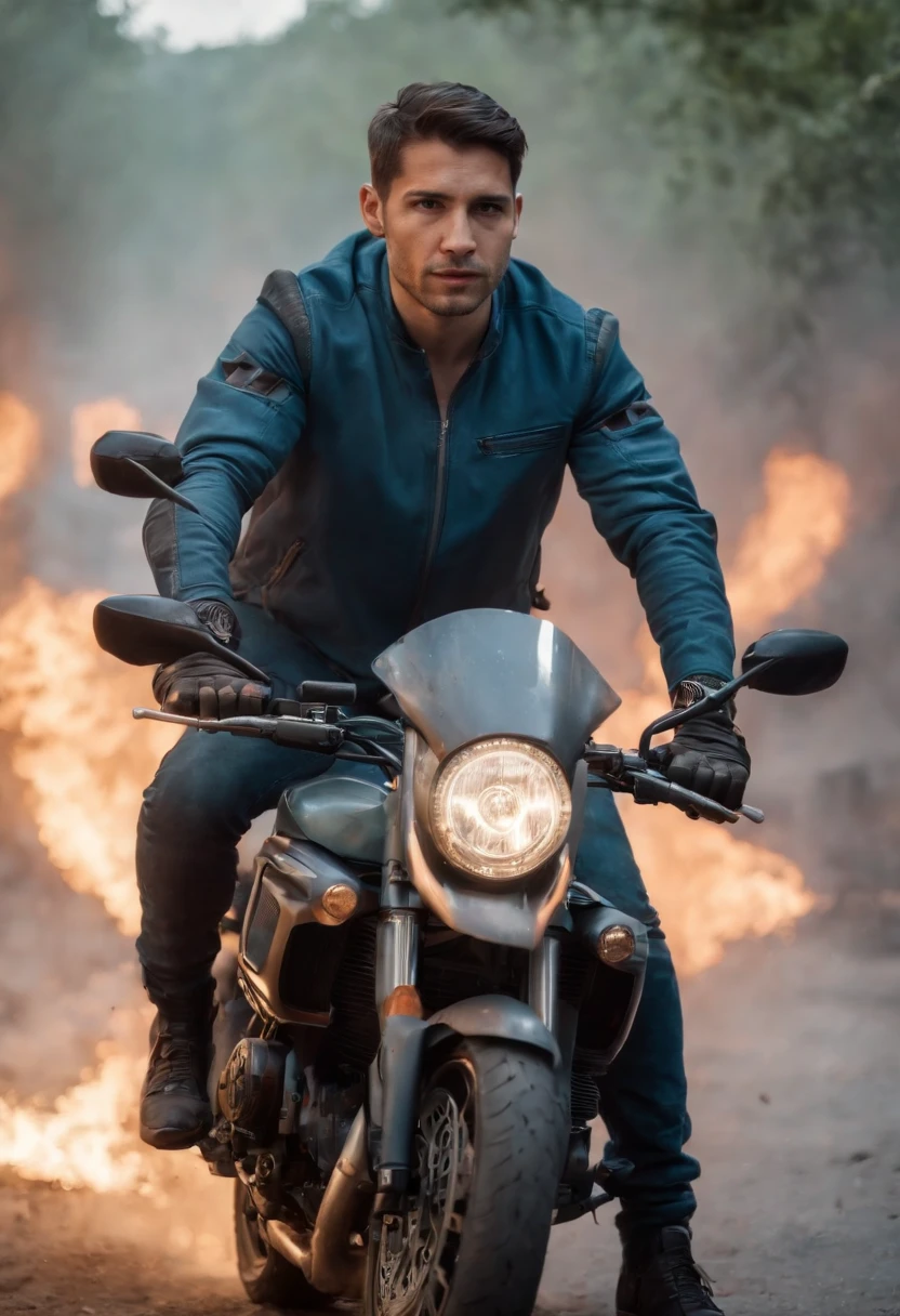 um homem , guerreiro, rico, charmoso, com tecnologia, cyberpunk, fundo de selva, Blood and explosions, em cima de uma moto, com ceu azul