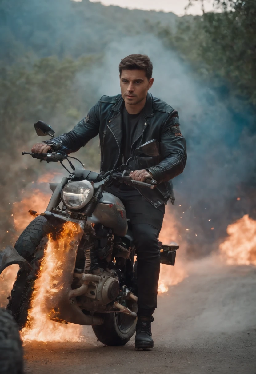 um homem , guerreiro, rico, charmoso, com tecnologia, cyberpunk, fundo de selva, Blood and explosions, em cima de uma moto, com ceu azul