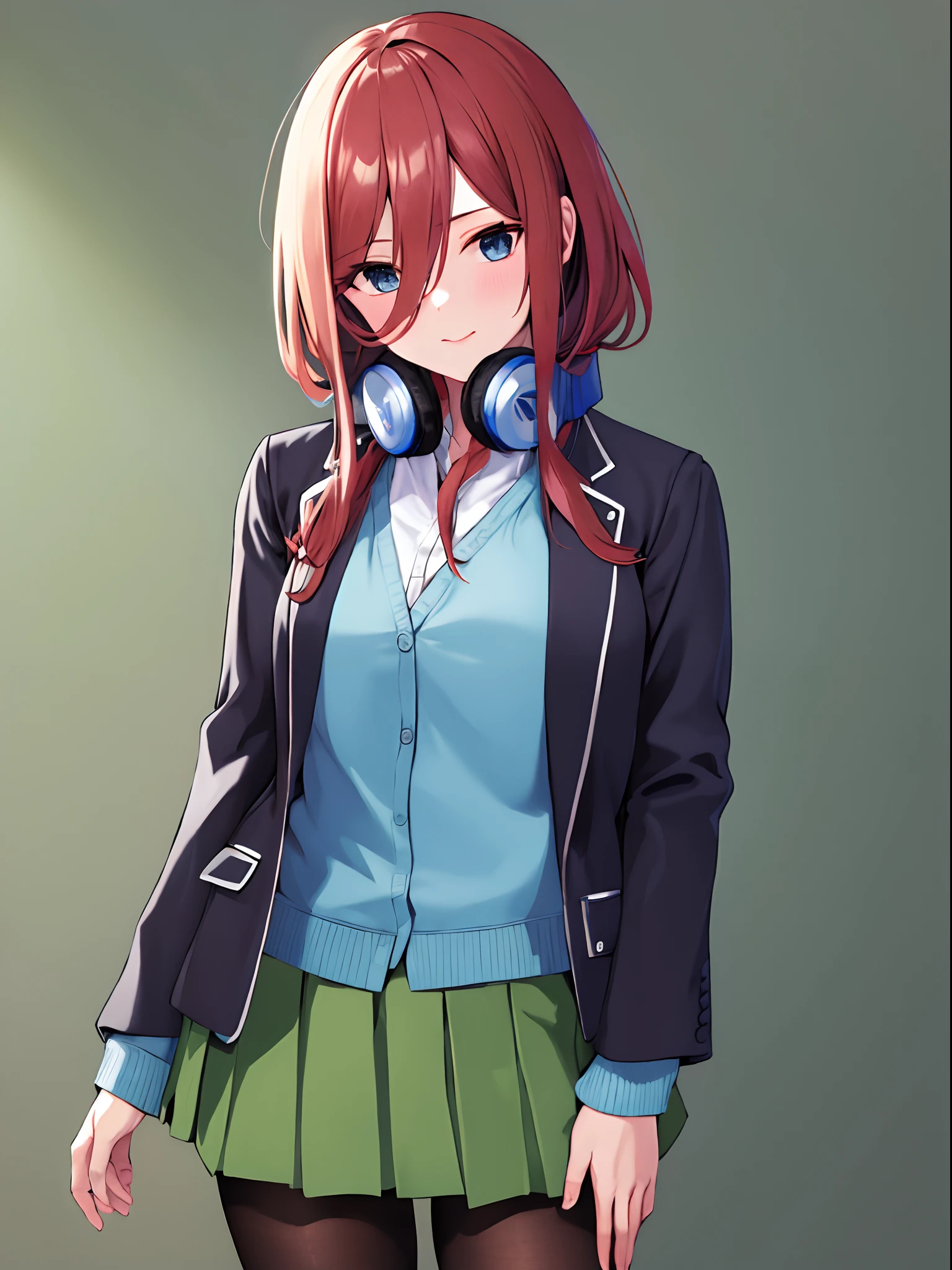 masterpiece, best quality, highres, nm1, headphones around neck, school uniform, long sleeves, blue cardigan, green skirt, pantyhose, black jacket, open jacket, cowboy shot, standing,