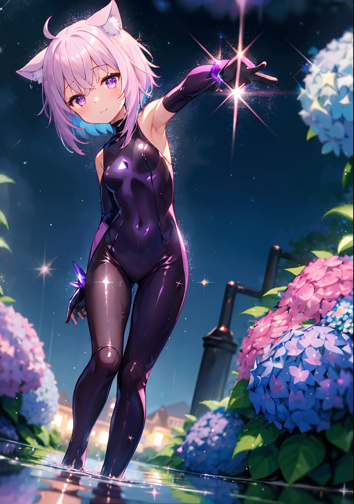 (solo), cute (1girl) walking,path,[from below:1.2],sine short hair, puddle,Water Reflection,rain,floating water drop,hydrangea,(blurry foreground),dynamic angle,asphalt,(night sky),lens flare, (glitter:1.2) presenting armpit, nekomata okayu, shrug \(clothing\), pink bodysuit, gloves