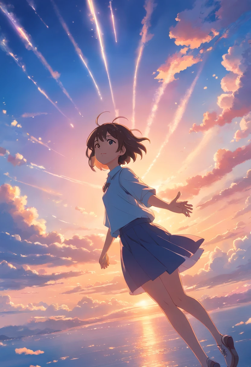 masterpiece, best quality, movie still, 1girl, cloud girl, floating in the sky, close-up, bright, happy, warm soft lighting, sunset, (sparks:0.7)