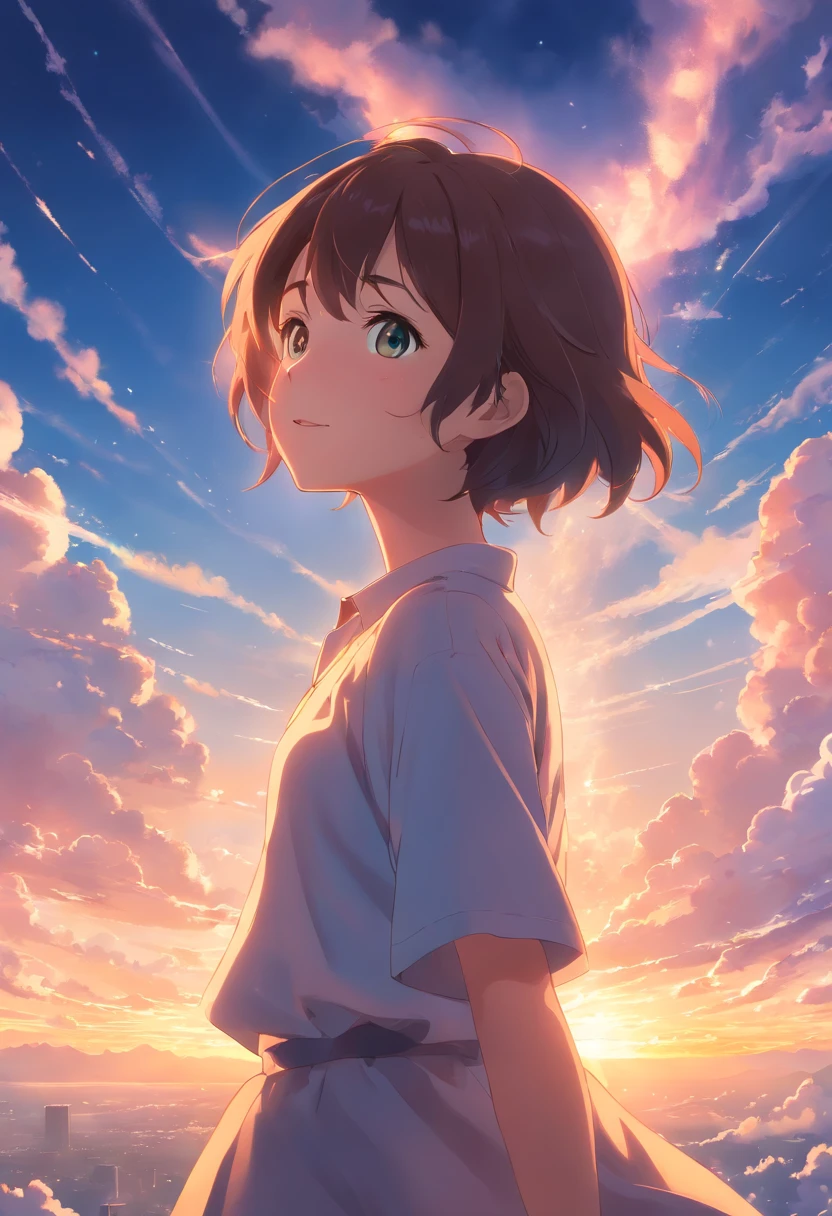masterpiece, best quality, movie still, 1girl, cloud girl, floating in the sky, close-up, bright, happy, warm soft lighting, sunset, (sparks:0.7)