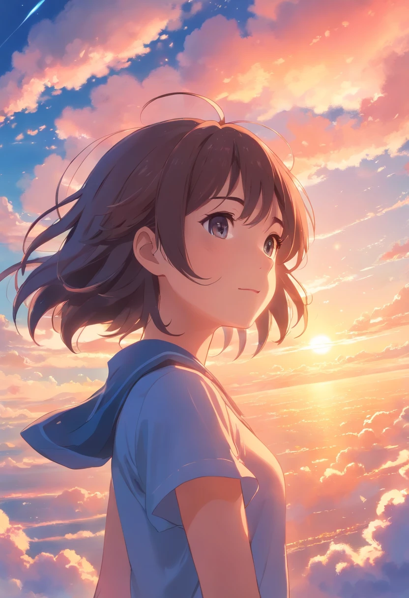 masterpiece, best quality, movie still, 1girl, cloud girl, floating in the sky, close-up, bright, happy, warm soft lighting, sunset, (sparks:0.7)