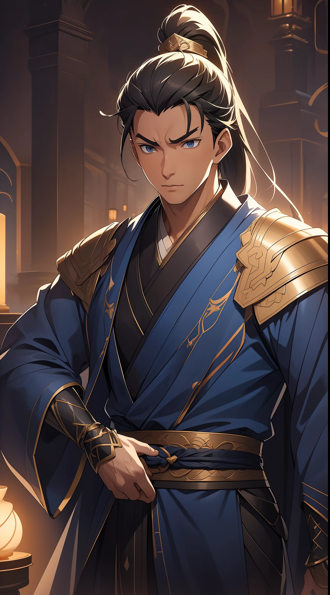 quadratic element，style of anime，mtu（Male Warrior），The proportions are correct，Face details，swordsmen，High ponytail hairstyle，Neck details，There is an Adam's apple，Blue suit，kaftan，long blue robes，clothes details，Handing over，longer sleeves，Game quality，Swordsmanship，Light and shadow tracking，Ray traching，detailed glow，cg render，hair detail，Black long hair，blue colored eyes，Handsome，Handsome，（juvenile sense），Clothing is complicated，Perfectcomposition，Refinement，high qulity，higher details，Lots of details，The background is complex，a sense of atmosphere，