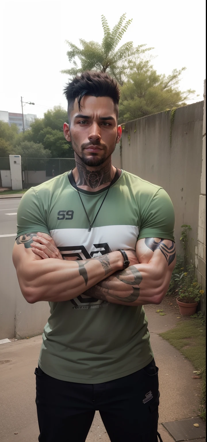(best quality,highres,masterpiece:1.2),ultra-detailed,(realistic:1.37),portrait,calm expression,brown eyes,short gray hair,gray beard,stout,un-tattooed,professional drummer,garden background,greenery,peaceful atmosphere,soft sunlight,subtle shadows,warm color tones