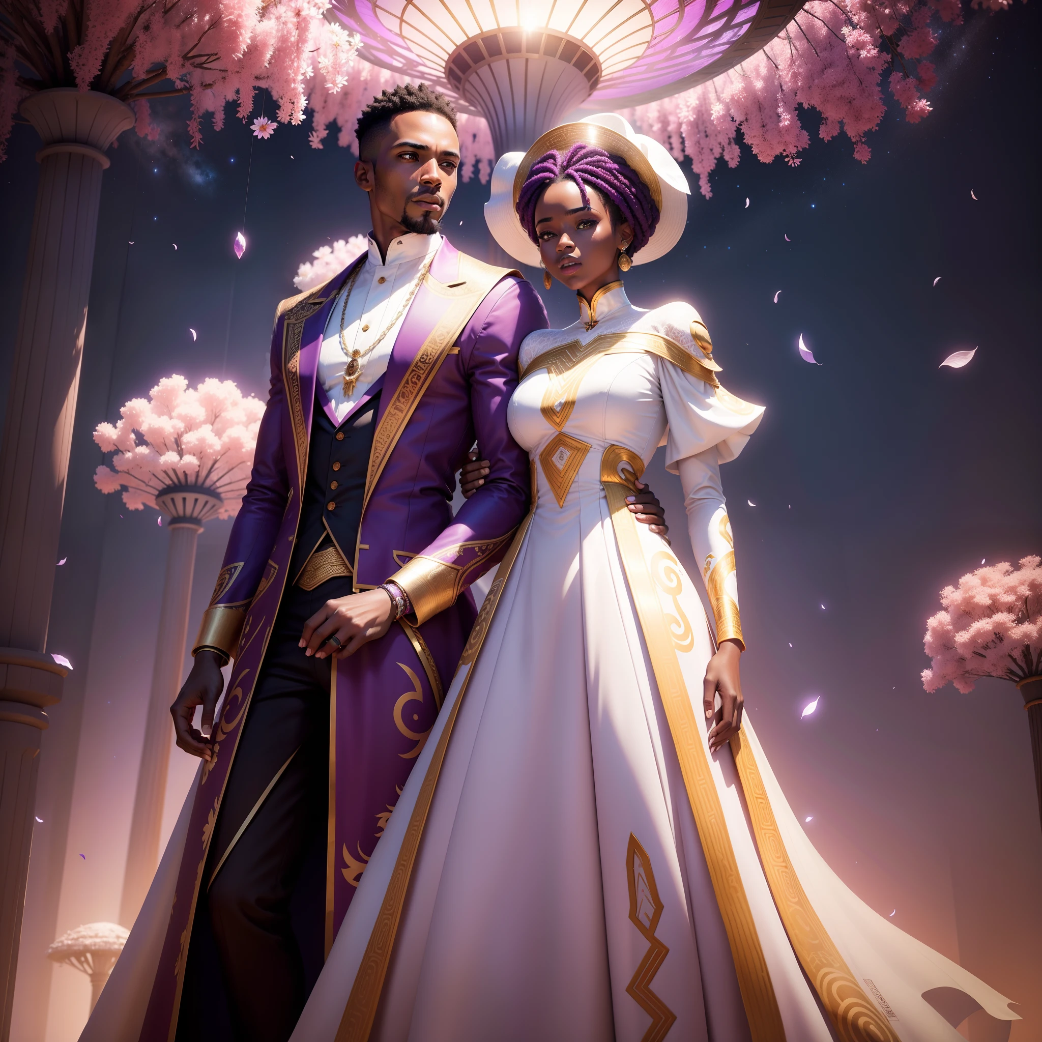 African man wedding African woman with congregation watching them, all wearing African traditional clothes in an African futuristic Exo planet, haute couture african designs, falling purple petals in scene, the whole scene in white colour, white smoke in scene, with iridescent light, photorealistic image, 32k, ultra HD, cinematic lighting, artgerm style, highly detailed images, vibrant and beautiful colours,