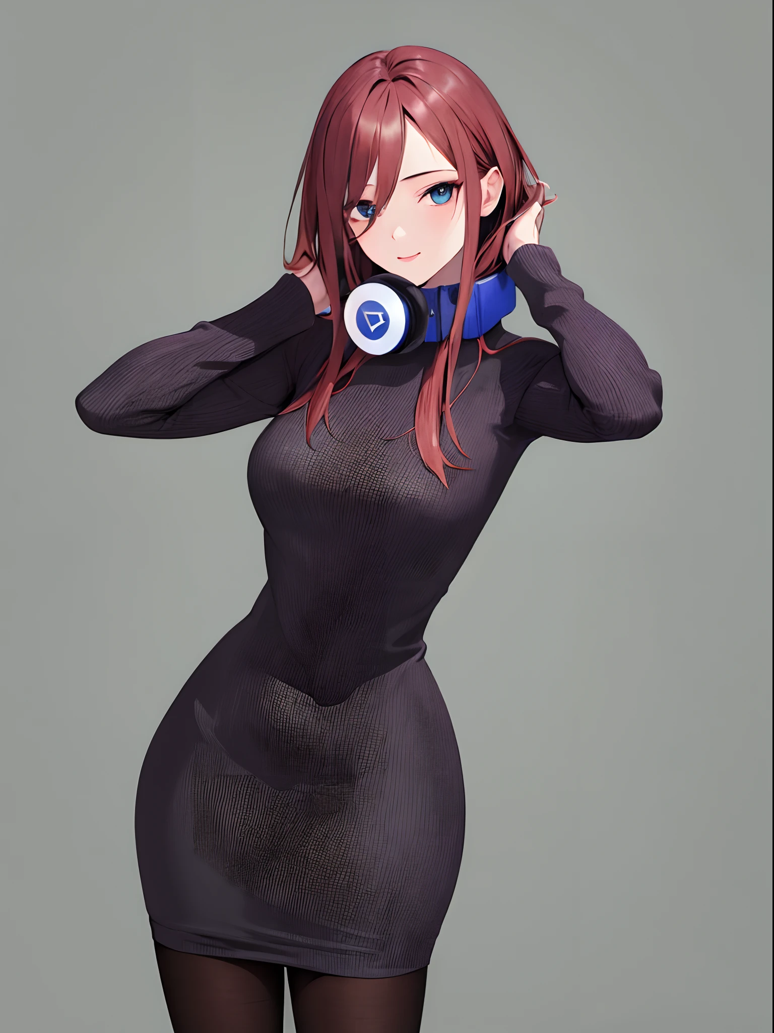 masterpiece, best quality, highres, nm1, headphones around neck, turtleneck sweater, sweater dress, long sleeves, pantyhose, cowboy shot, standing,