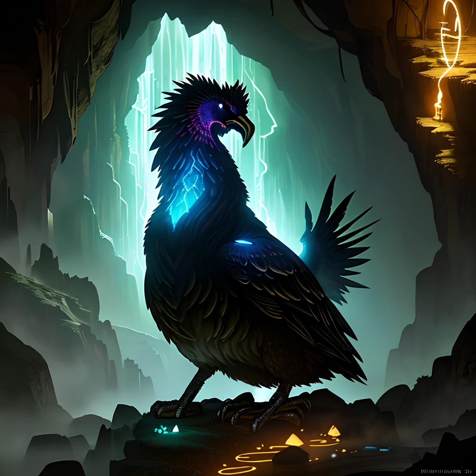 A big chicken，In a deep and mysterious cave，，There are archaeological secrets inside、dark ambiance、Atmospheric lighting、cinmatic lighting、best angle、Hyper-detailing、iintricate、dynamic angle、tmasterpiece、（A scene illuminated by glowing ancient runes）=1.4，looking at viewert，fisheyelens