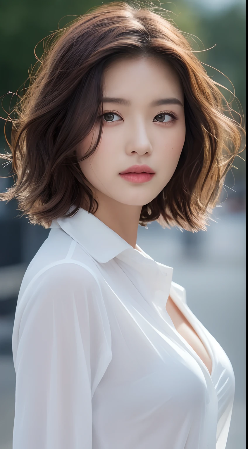 ((Best quality, 8k, Masterpiece: 1.3)), Sharp focus: 1.2, A beautiful woman with perfect body: 1.4, Slim abdomen: 1.2, ((Layered haircut, Large breasts: 1.2)), (no bra) (Small and beautiful hard nipple) (Thin and damp button up to shirt length: 1.1), (White shirt wet by rain), (Rain, Street: 1.2), Wet body: 1.1, Highly detailed face and skin texture, Detailed eyes, Double eyelid, tanned skin, sexy, tan, dark skin, tanned body, exposed shoulders, cleavage